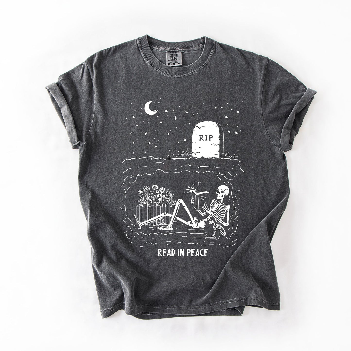 Read In Peace, Skeleton, RIP, Halloween, Booktok, Bookish, Library, Trending Graphic Tee, Comfort Colors T-Shirt
