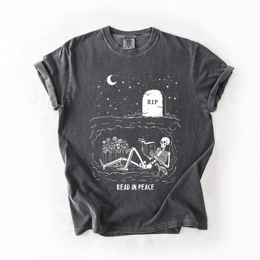 Read In Peace, Skeleton, RIP, Halloween, Booktok, Bookish, Library, Trending Graphic Tee, Comfort Colors T-Shirt