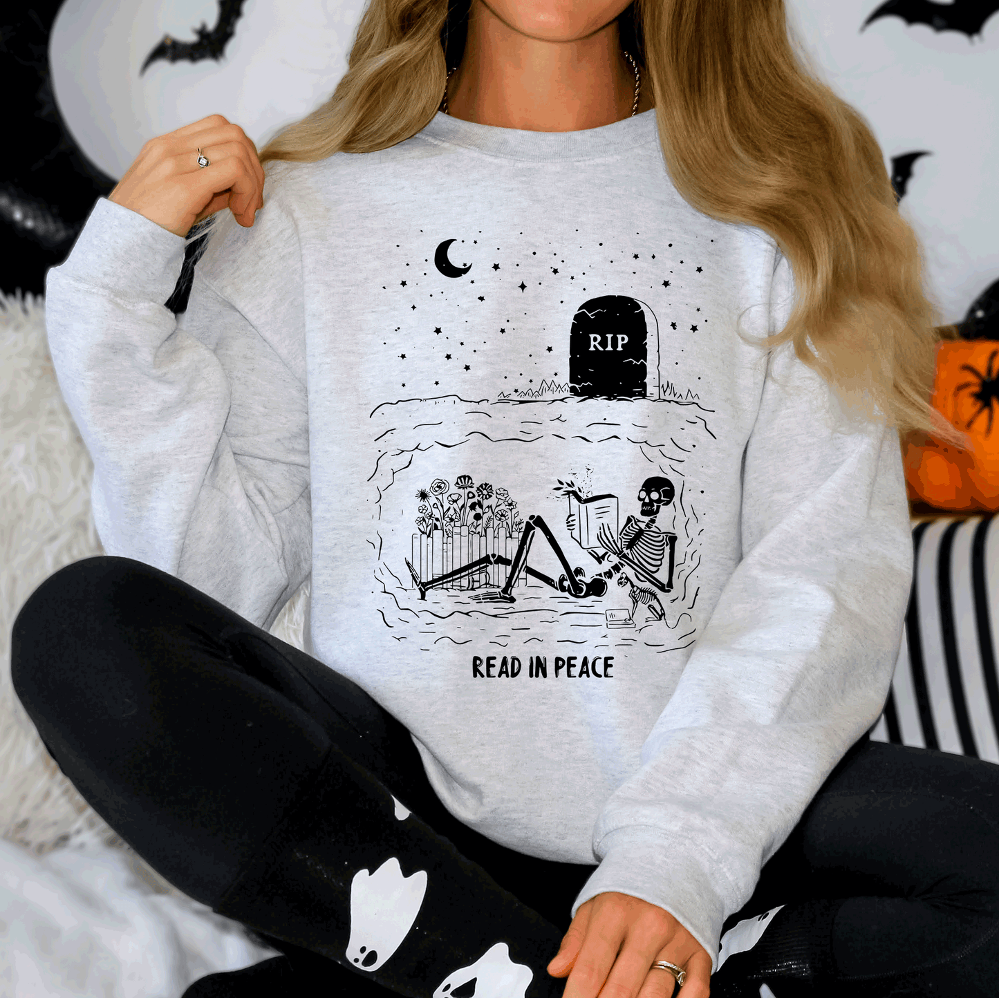 Read In Peace, Skeleton, RIP, Halloween, Booktok, Bookish, Library, Trending Graphic Sweatshirt
