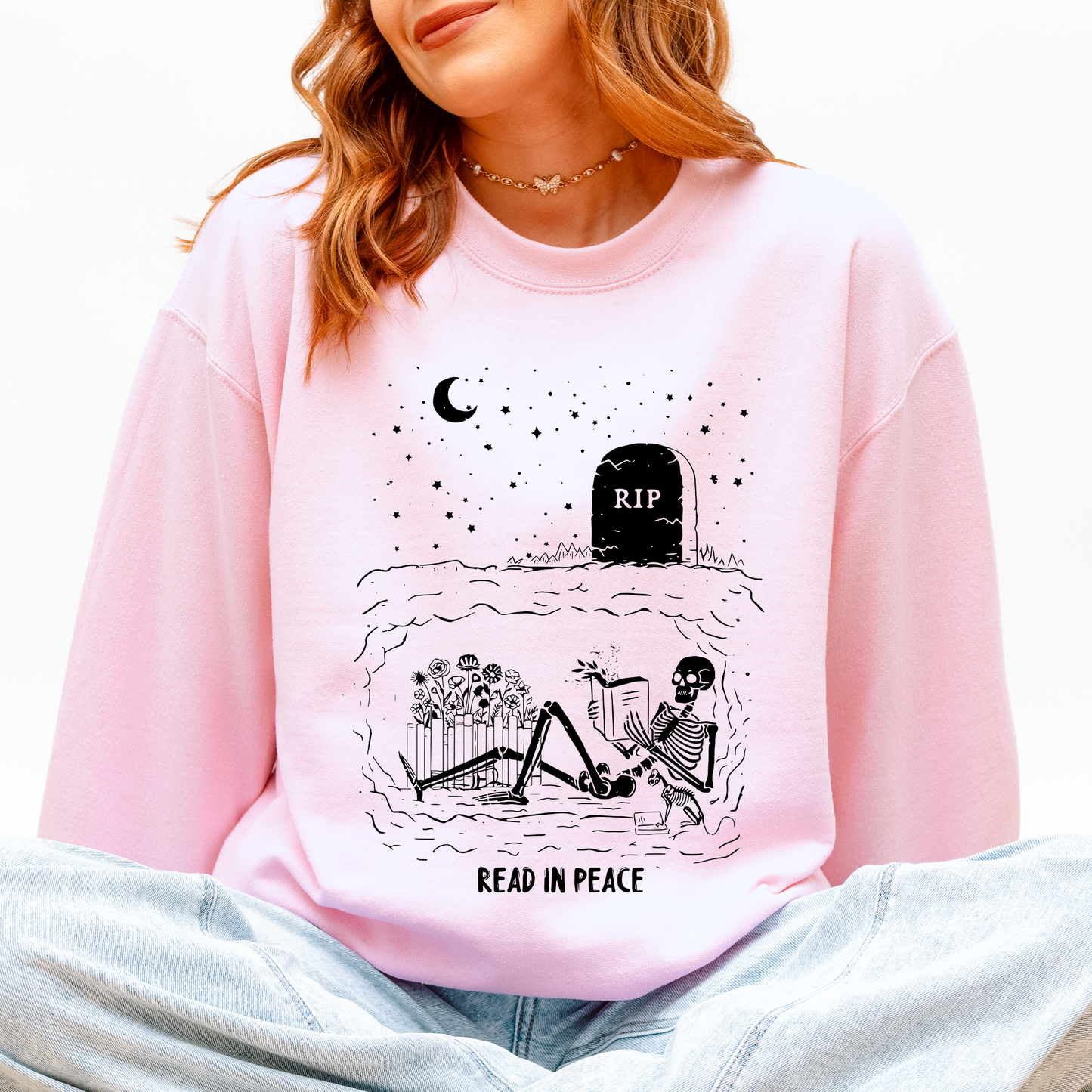 Read In Peace, Skeleton, RIP, Halloween, Booktok, Bookish, Library, Trending Graphic Sweatshirt