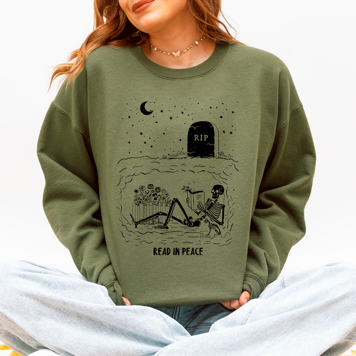 Read In Peace, Skeleton, RIP, Halloween, Booktok, Bookish, Library, Trending Graphic Sweatshirt