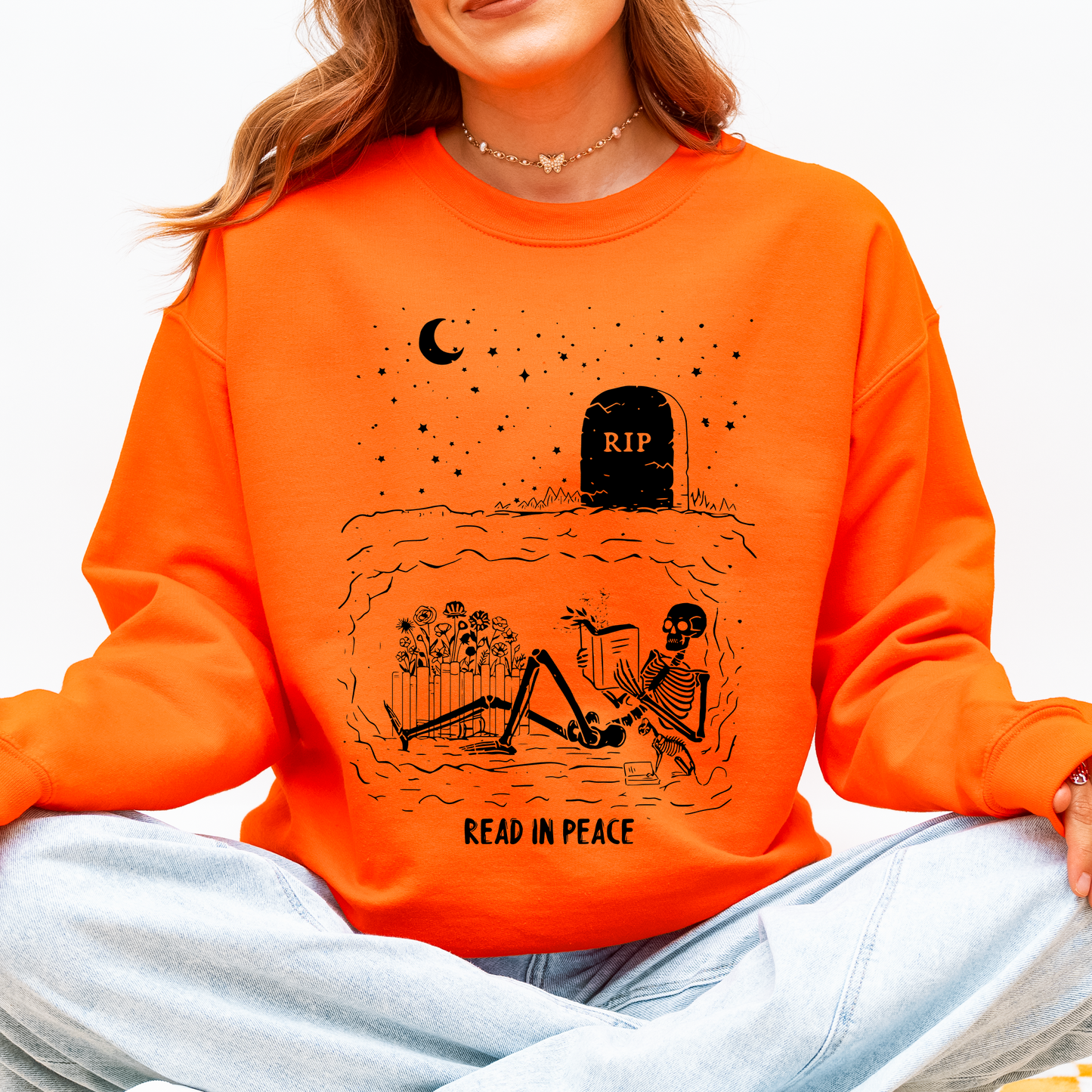Read In Peace, Skeleton, RIP, Halloween, Booktok, Bookish, Library, Trending Graphic Sweatshirt