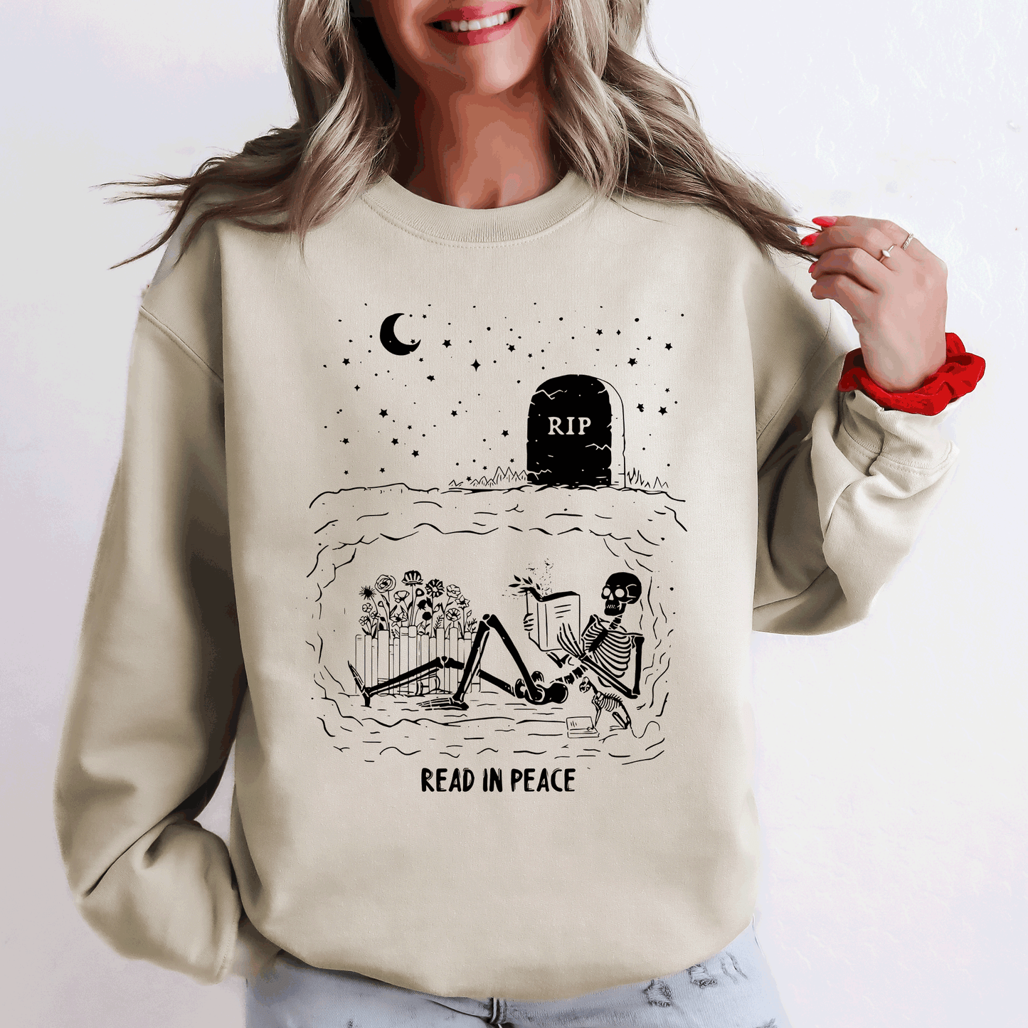 Read In Peace, Skeleton, RIP, Halloween, Booktok, Bookish, Library, Trending Graphic Sweatshirt