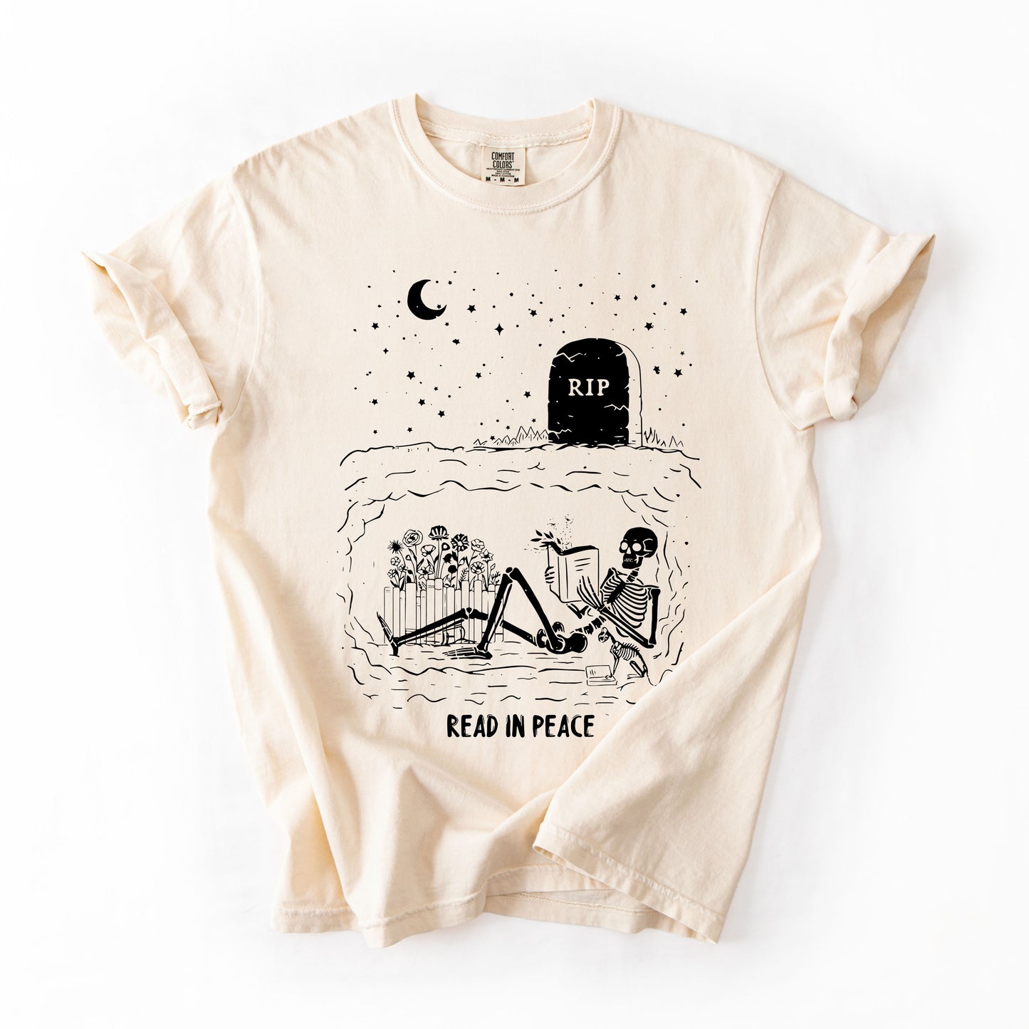 Read In Peace, Skeleton, RIP, Halloween, Booktok, Bookish, Library, Trending Graphic Tee, Comfort Colors T-Shirt