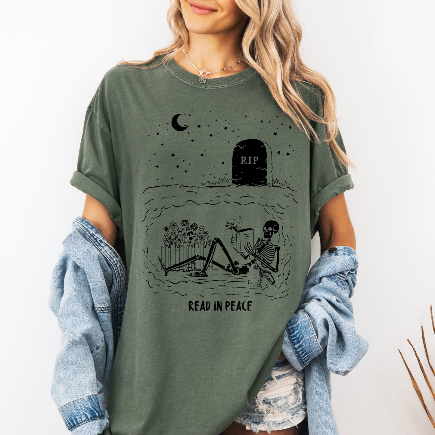 Read In Peace, Skeleton, RIP, Halloween, Booktok, Bookish, Library, Trending Graphic Tee, Comfort Colors T-Shirt