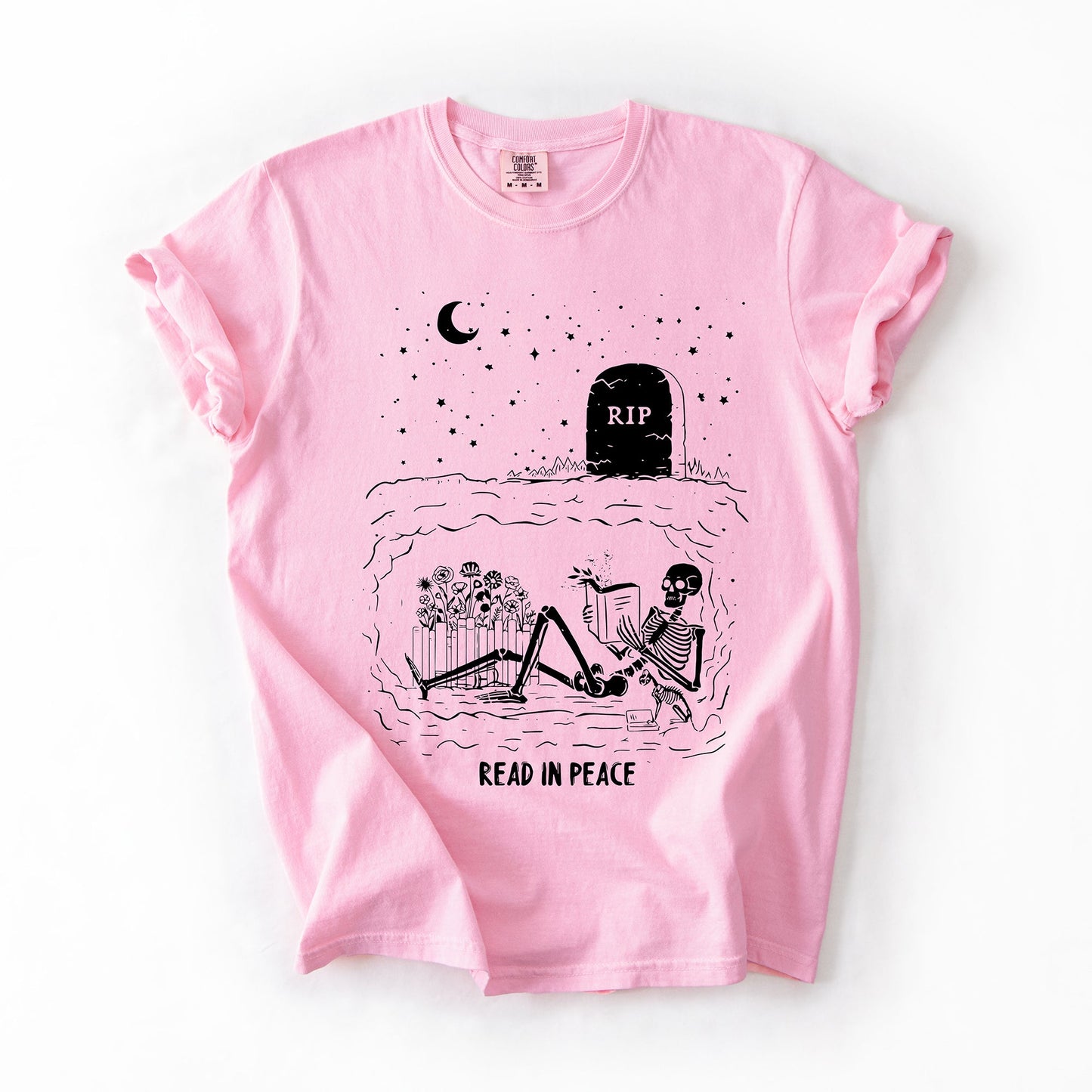 Read In Peace, Skeleton, RIP, Halloween, Booktok, Bookish, Library, Trending Graphic Tee, Comfort Colors T-Shirt