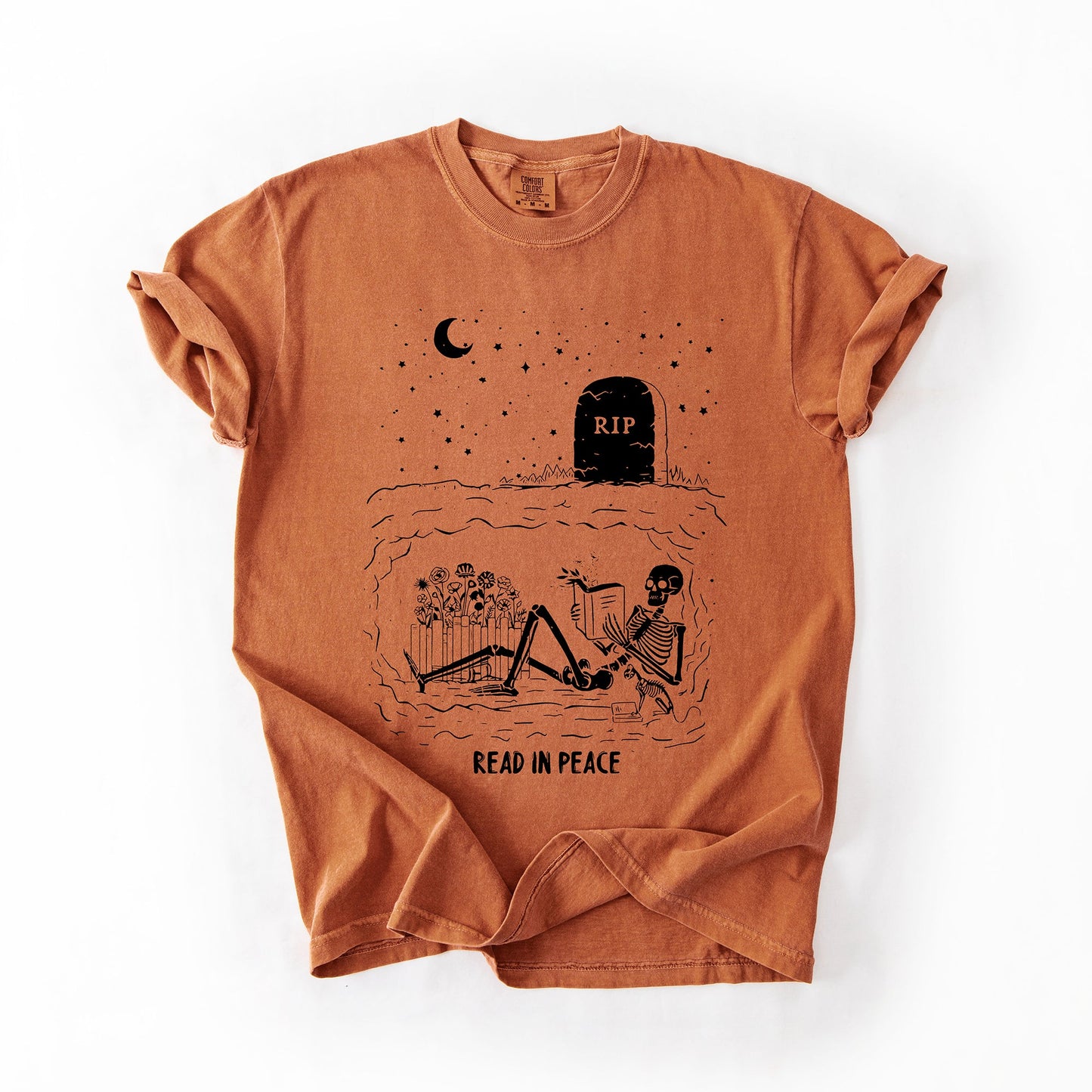 Read In Peace, Skeleton, RIP, Halloween, Booktok, Bookish, Library, Trending Graphic Tee, Comfort Colors T-Shirt