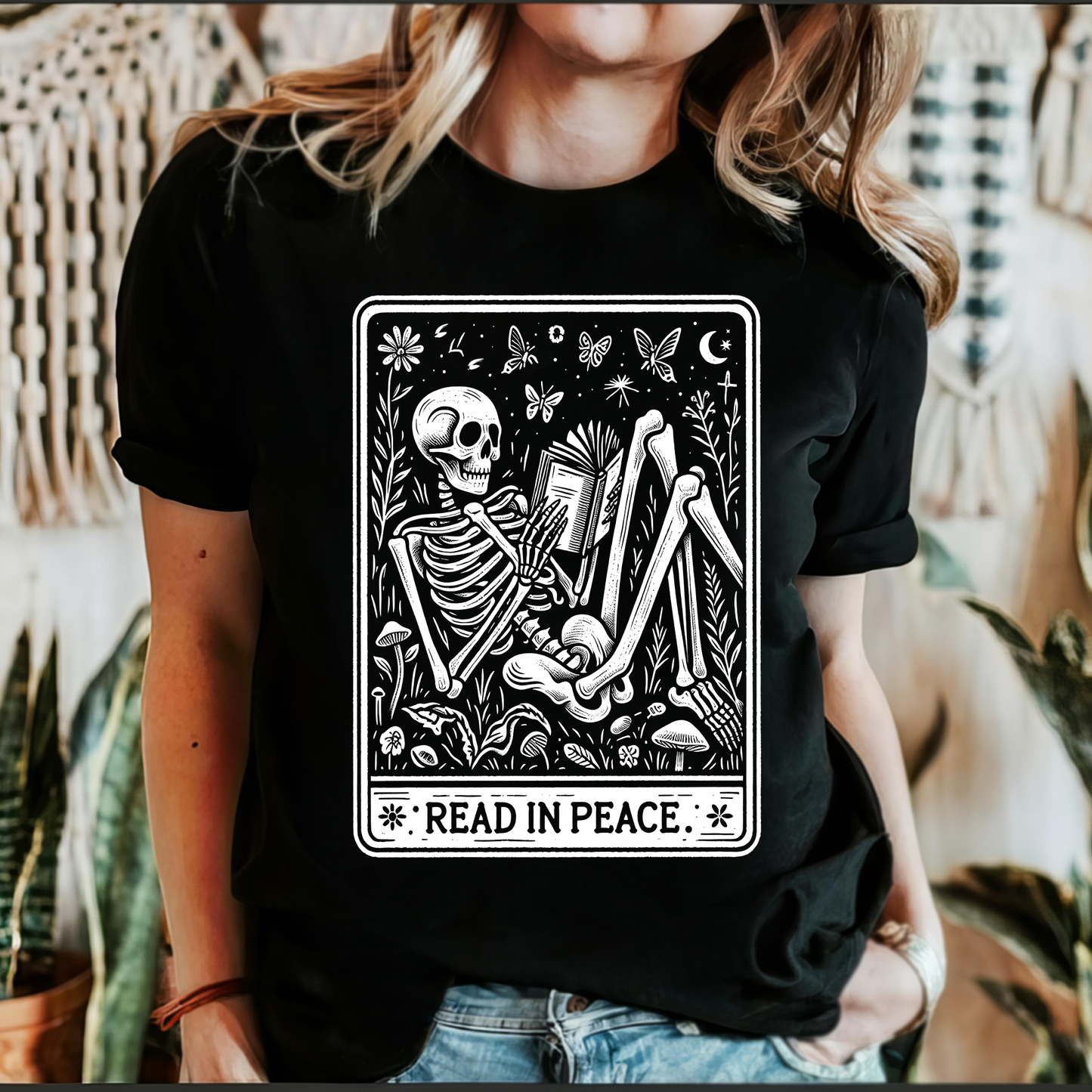 Read In Peace, Tarot, Skeleton, Halloween, Booktok, Library, Bookish, Graphic Tee, Black Tshirt