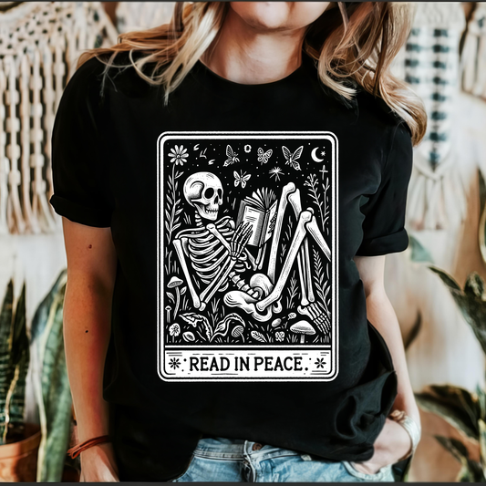 Read In Peace, Tarot, Skeleton, Halloween, Booktok, Library, Bookish, Graphic Tee, Black Tshirt