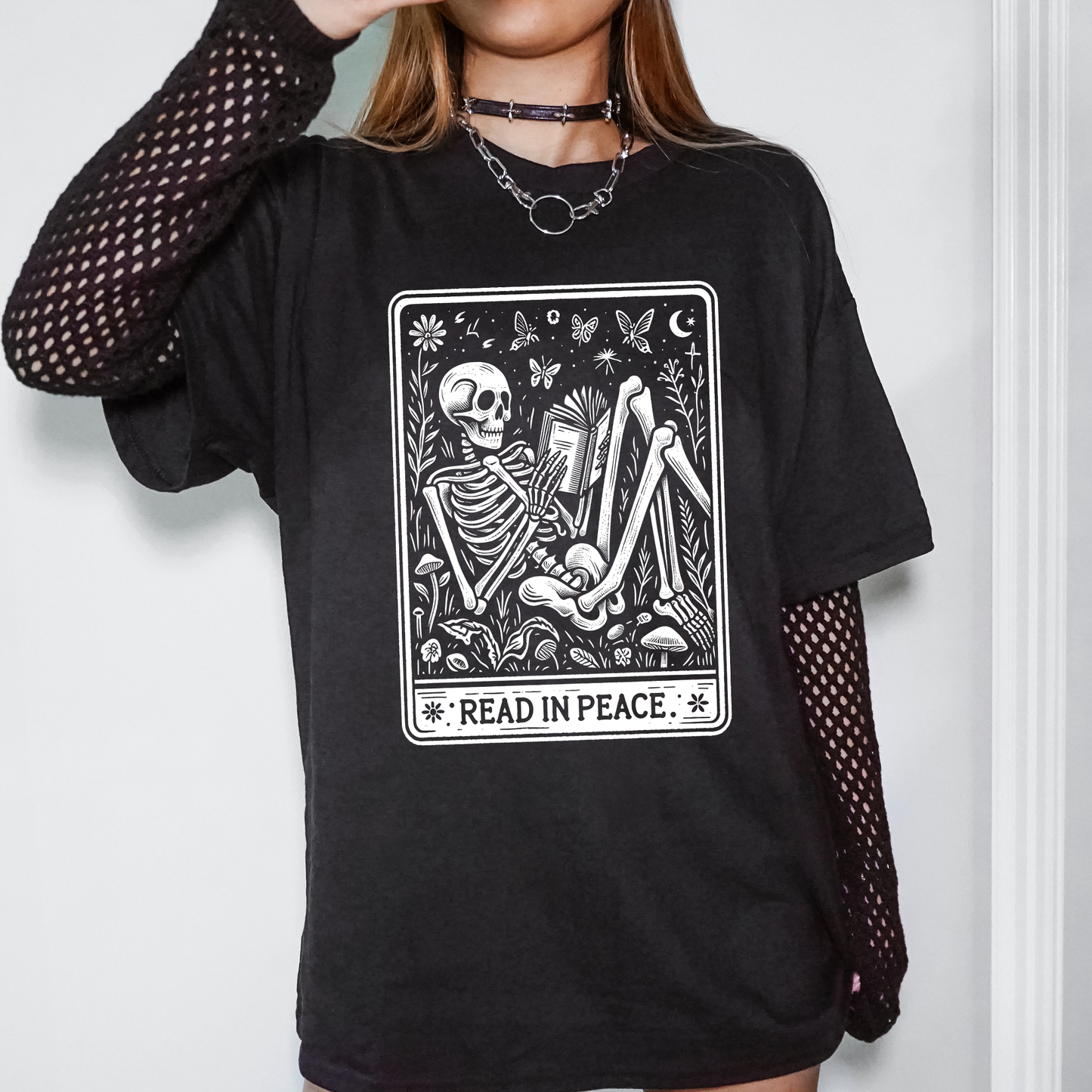 Read In Peace, Tarot, Skeleton, Halloween, Booktok, Library, Bookish, Graphic Tee, Black Tshirt