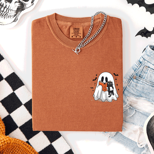 Reading Ghost, Cat, Funny, Halloween, Book, Library, Pocket, Comfort Colors T-Shirt