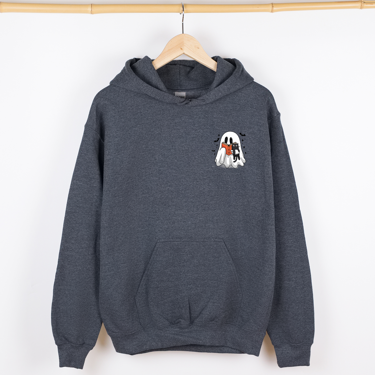 Reading Ghost, Cat, Funny, Halloween, Book, Library, Pocket, Graphic Hoodie, Hooded Sweatshirt