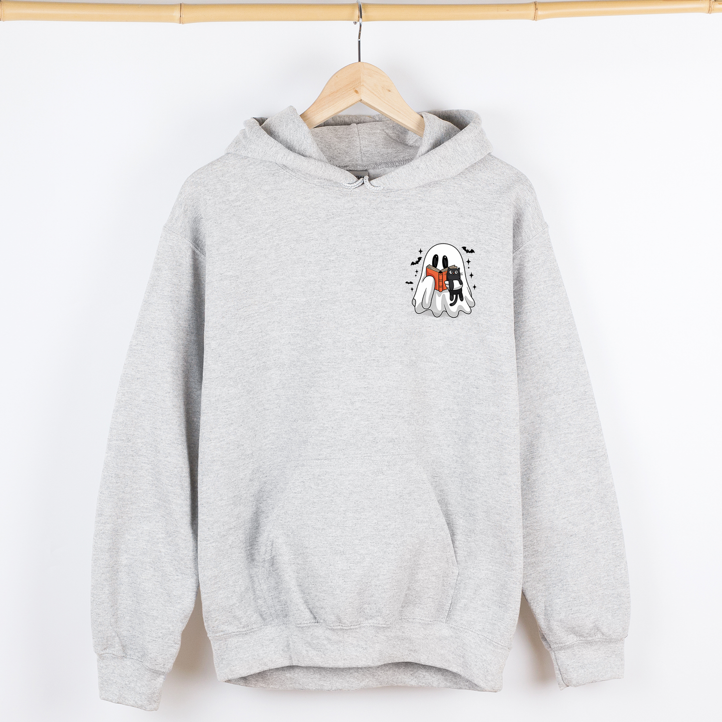 Reading Ghost, Cat, Funny, Halloween, Book, Library, Pocket, Graphic Hoodie, Hooded Sweatshirt