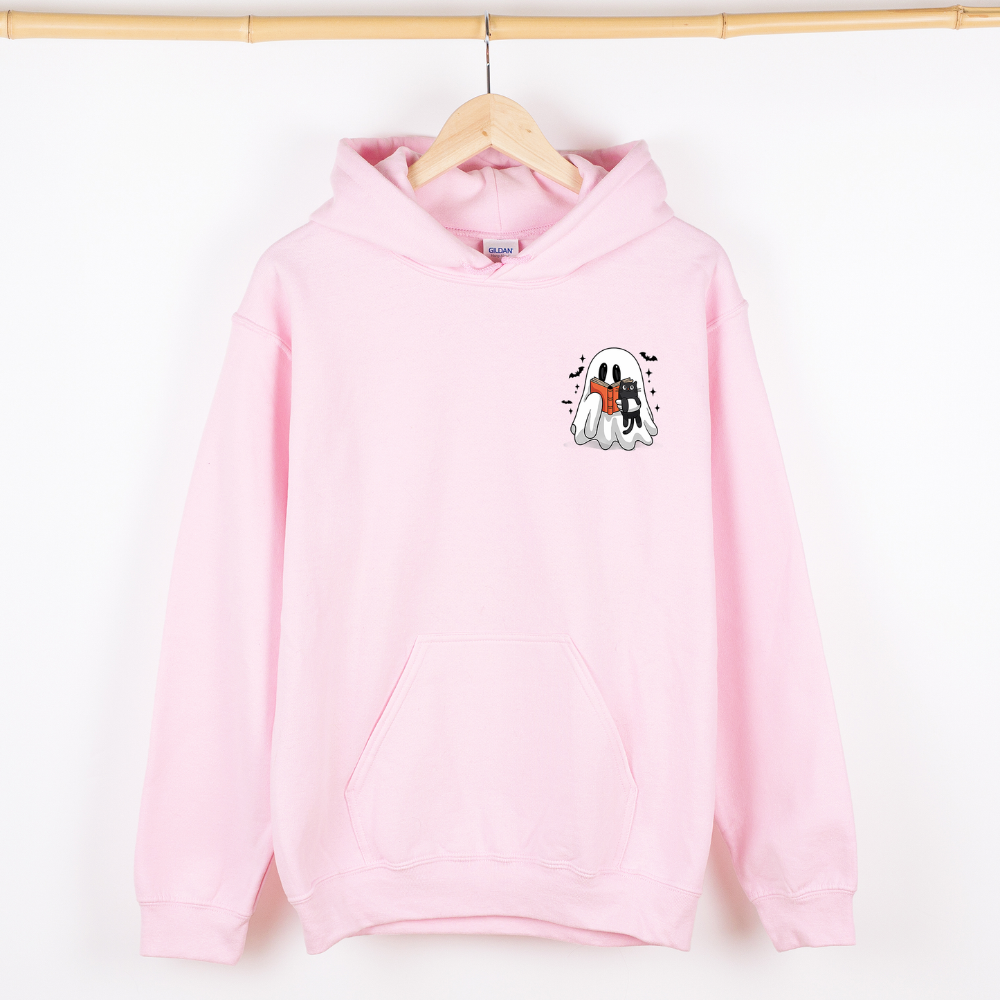 Reading Ghost, Cat, Funny, Halloween, Book, Library, Pocket, Graphic Hoodie, Hooded Sweatshirt