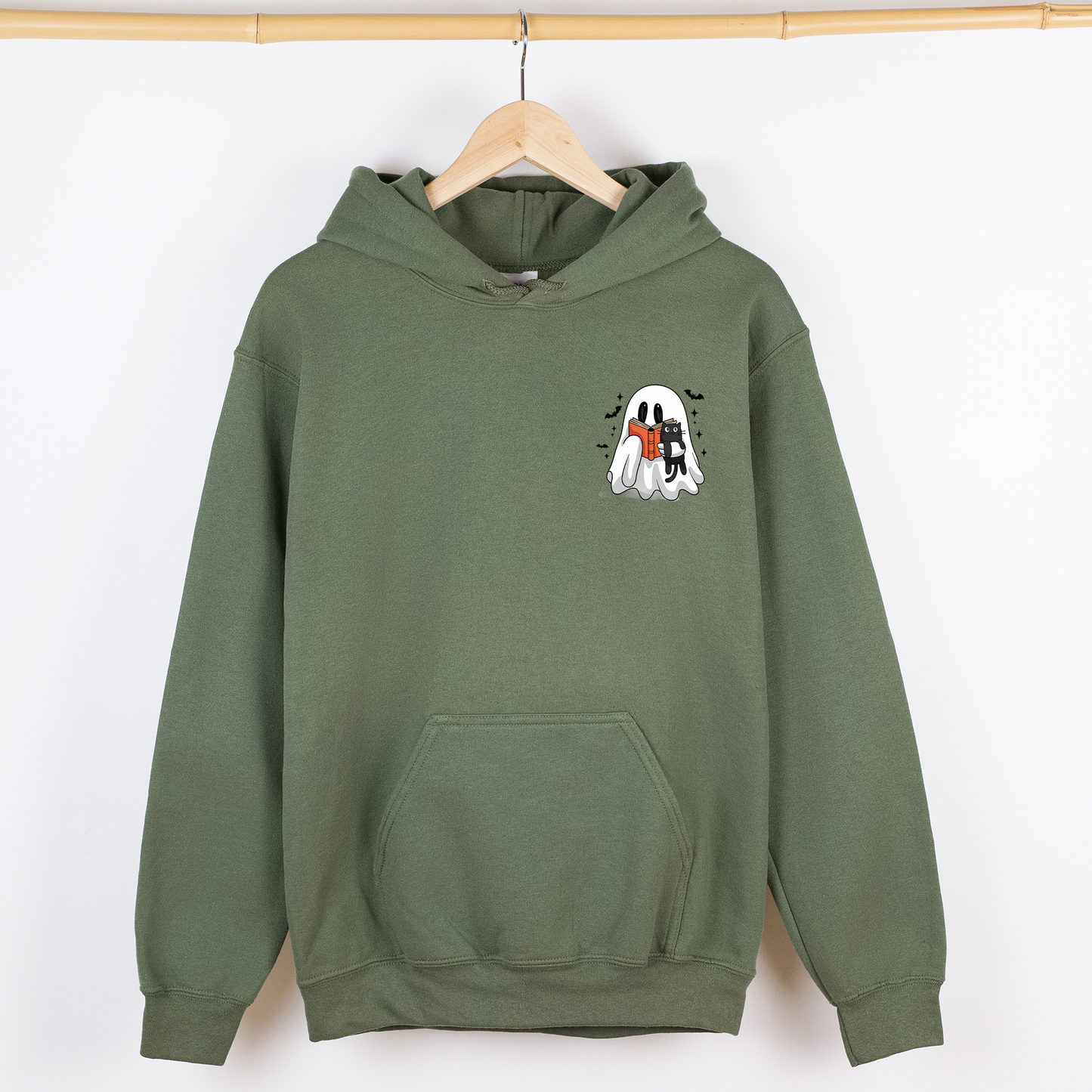 Reading Ghost, Cat, Funny, Halloween, Book, Library, Pocket, Graphic Hoodie, Hooded Sweatshirt