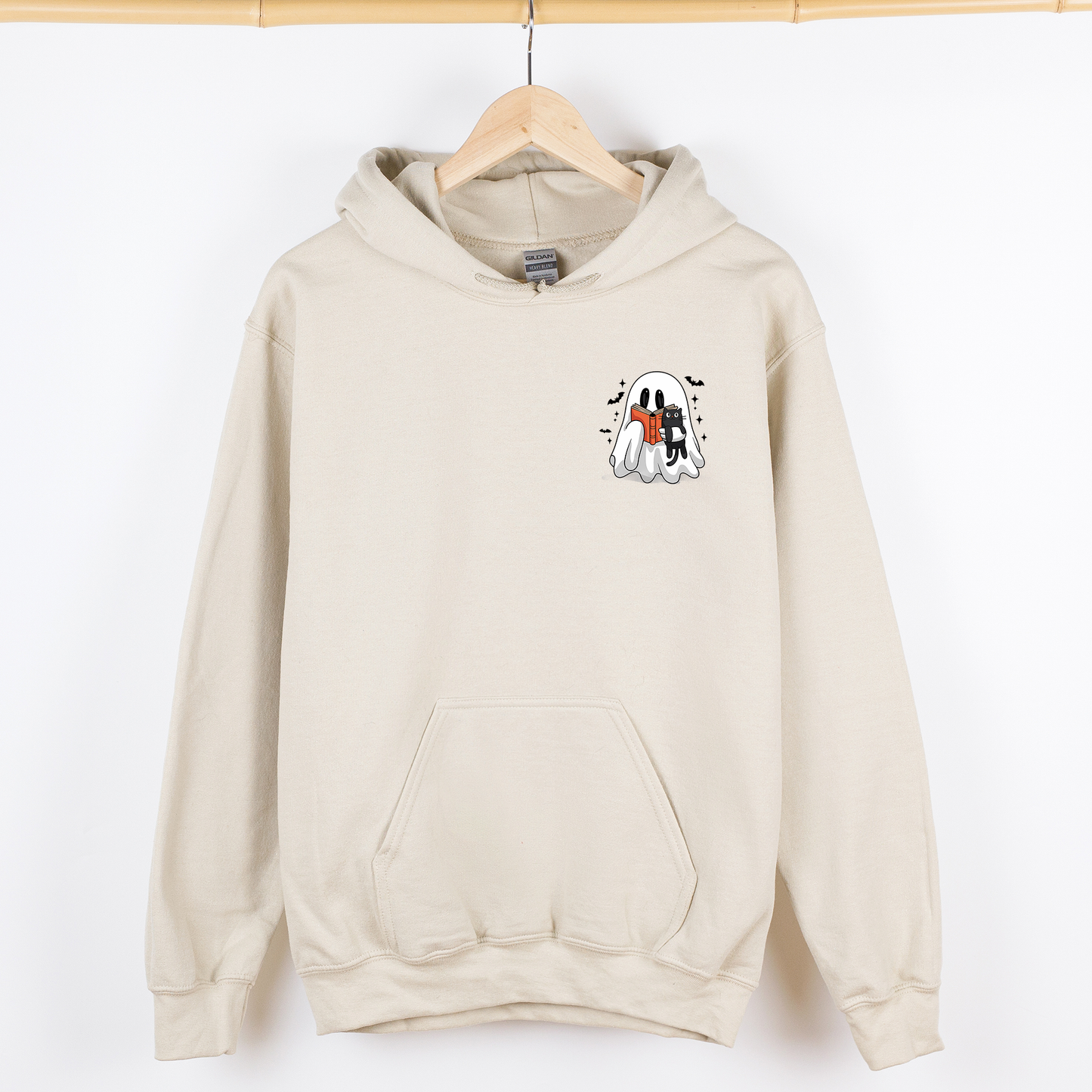 Reading Ghost, Cat, Funny, Halloween, Book, Library, Pocket, Graphic Hoodie, Hooded Sweatshirt