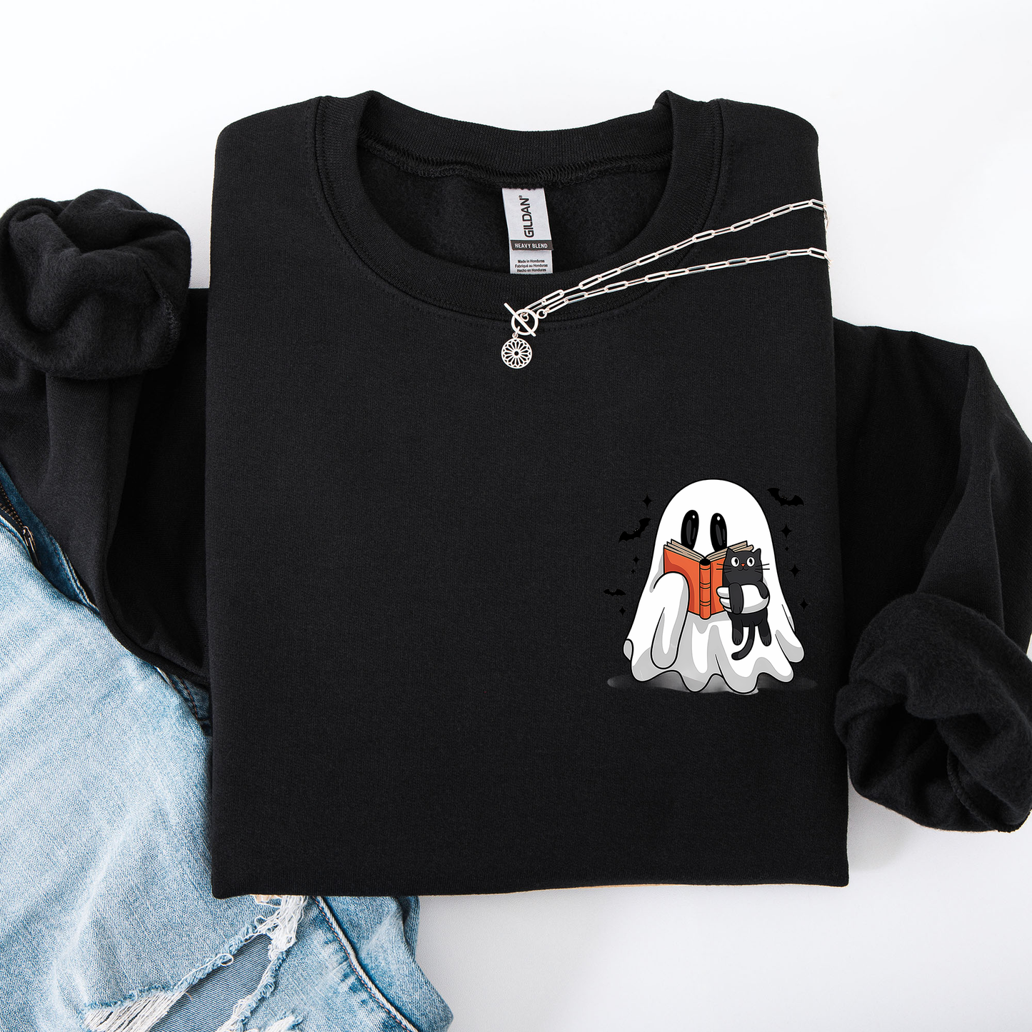 Reading Ghost, Cat, Funny, Halloween, Book, Library, Pocket Sweatshirt