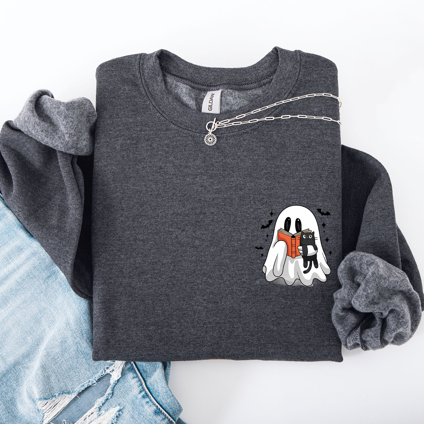 Reading Ghost, Cat, Funny, Halloween, Book, Library, Pocket Sweatshirt
