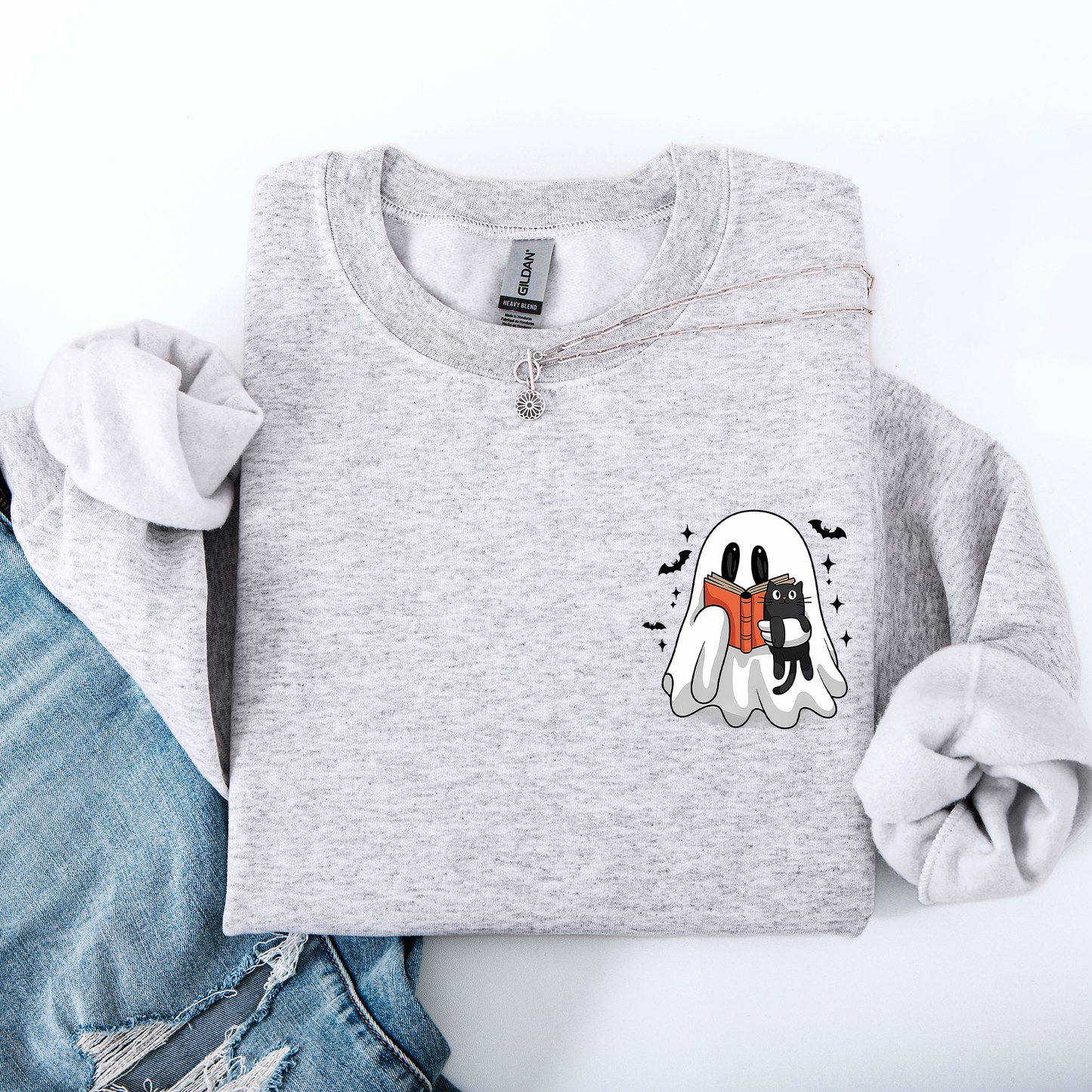 Reading Ghost, Cat, Funny, Halloween, Book, Library, Pocket Sweatshirt