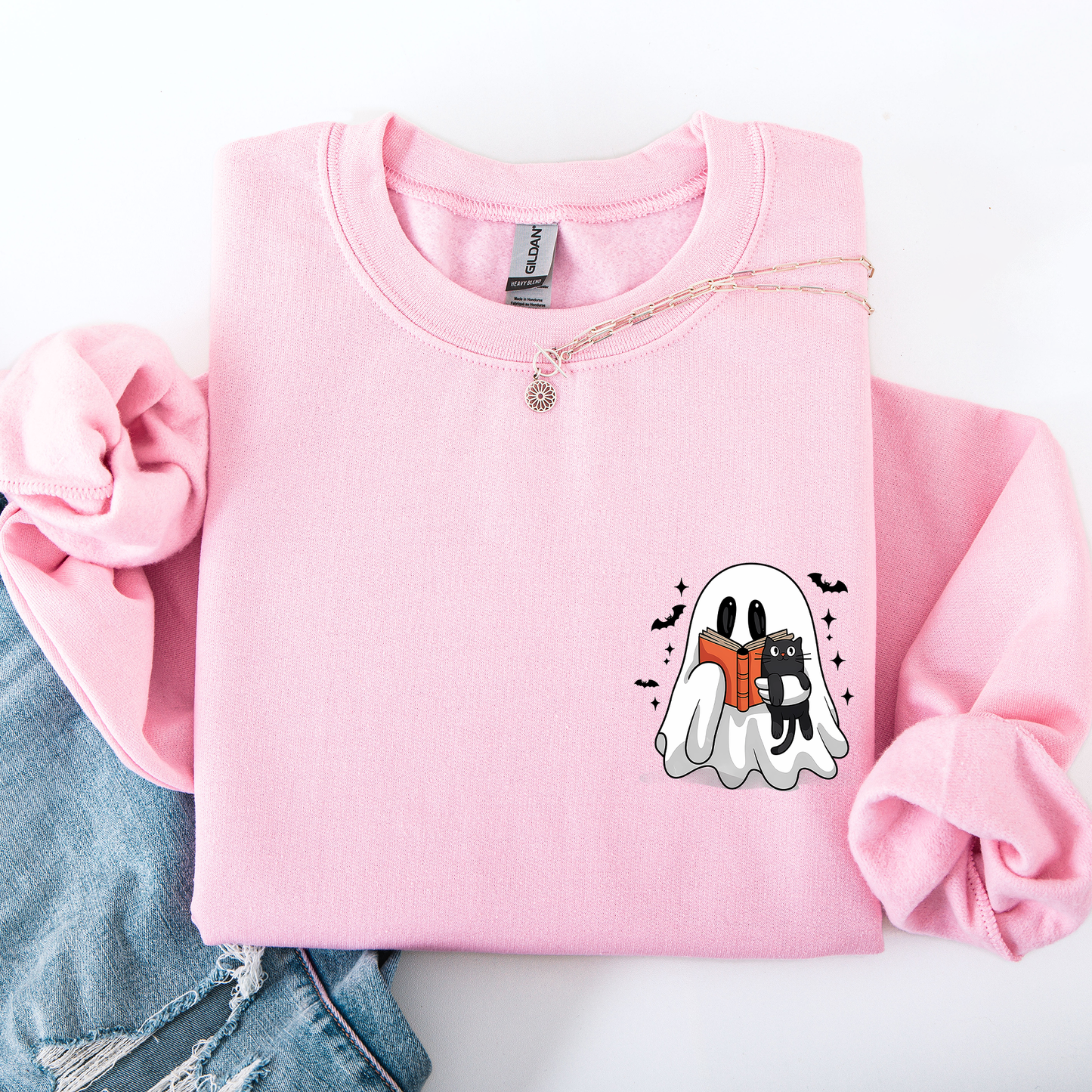 Reading Ghost, Cat, Funny, Halloween, Book, Library, Pocket Sweatshirt