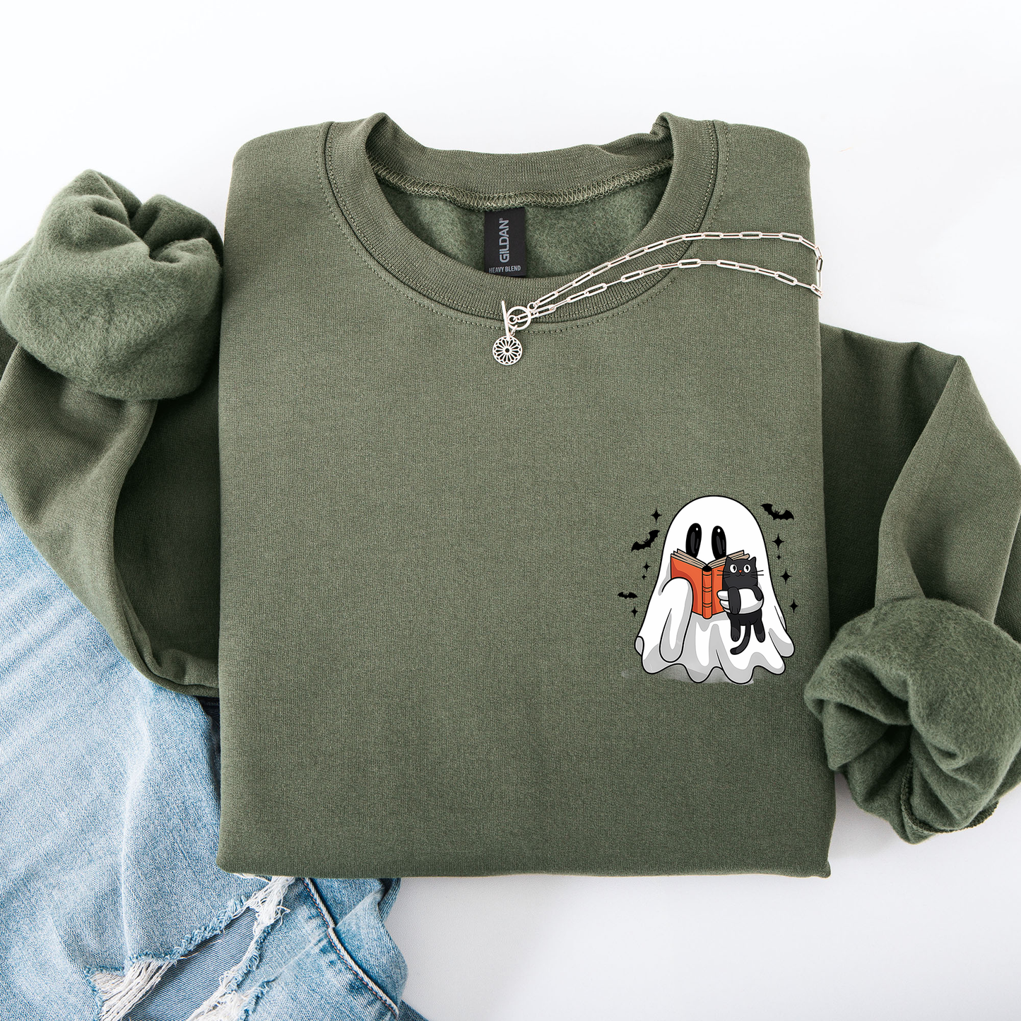 Reading Ghost, Cat, Funny, Halloween, Book, Library, Pocket Sweatshirt