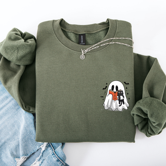 Reading Ghost, Cat, Funny, Halloween, Book, Library, Pocket Sweatshirt