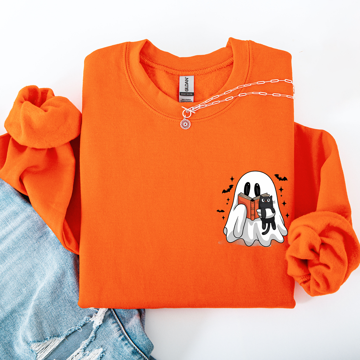 Reading Ghost, Cat, Funny, Halloween, Book, Library, Pocket Sweatshirt