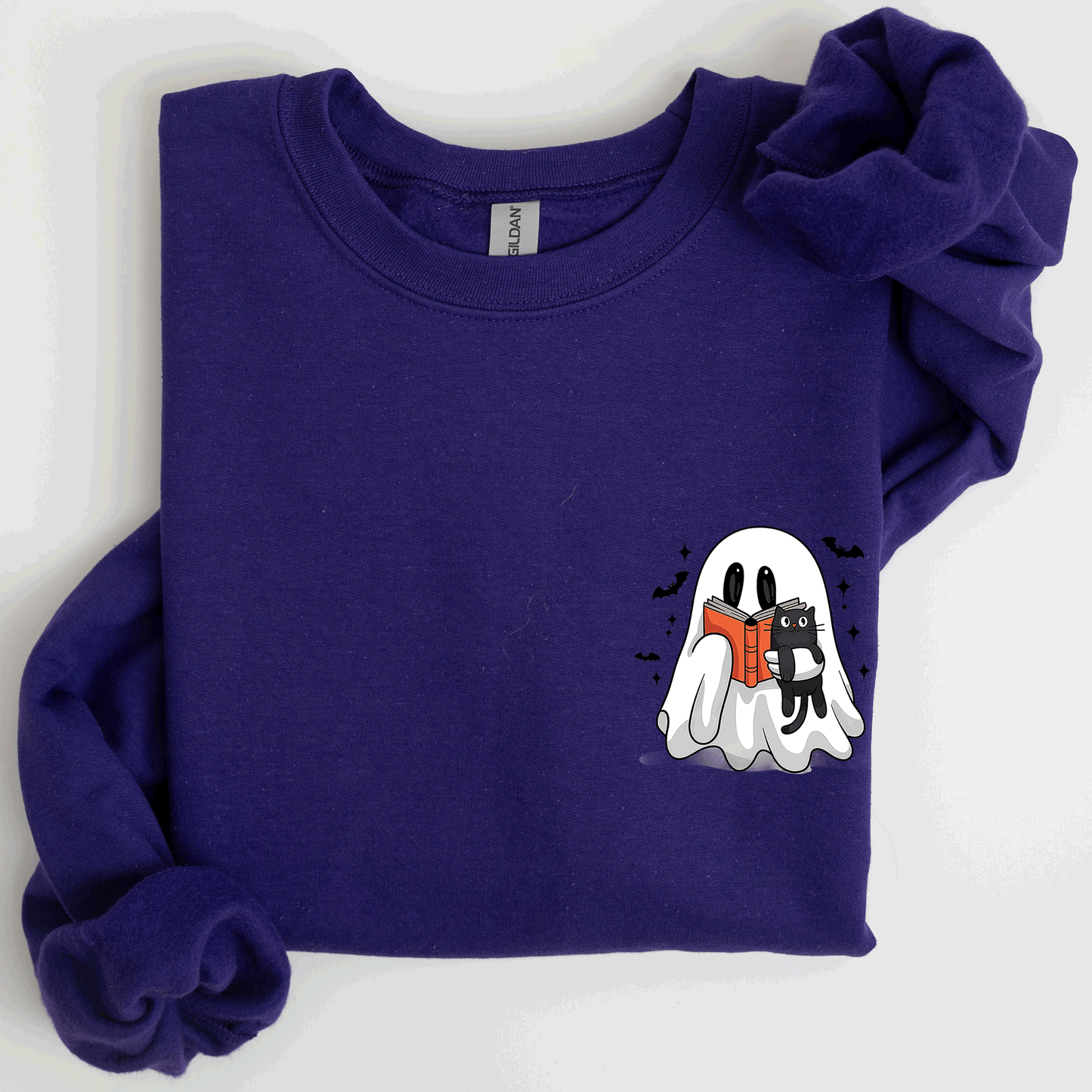Reading Ghost, Cat, Funny, Halloween, Book, Library, Pocket Sweatshirt