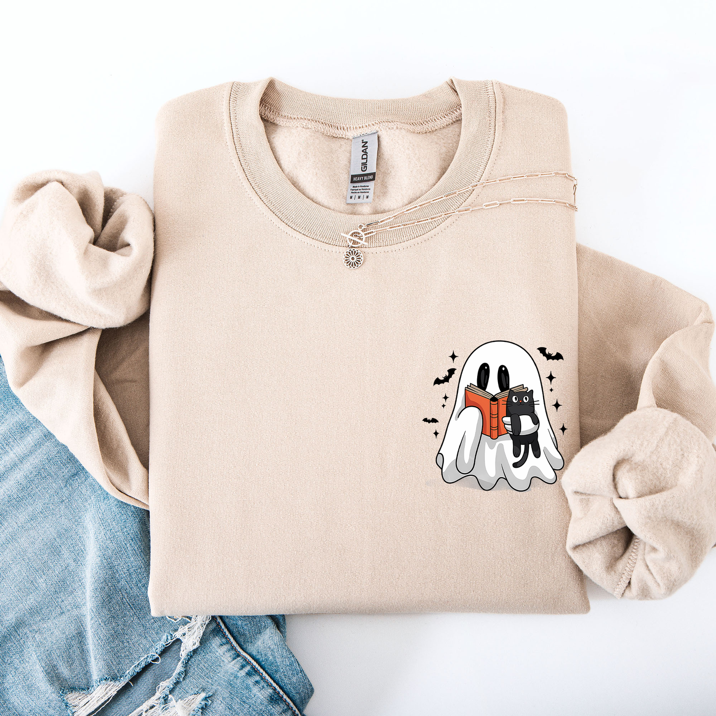 Reading Ghost, Cat, Funny, Halloween, Book, Library, Pocket Sweatshirt