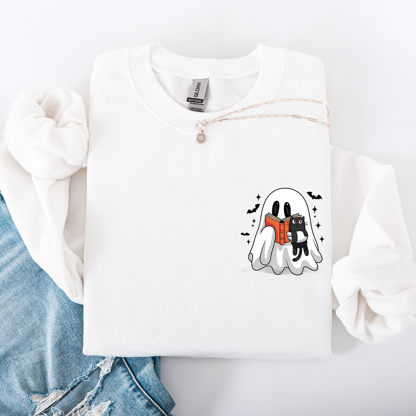Reading Ghost, Cat, Funny, Halloween, Book, Library, Pocket Sweatshirt