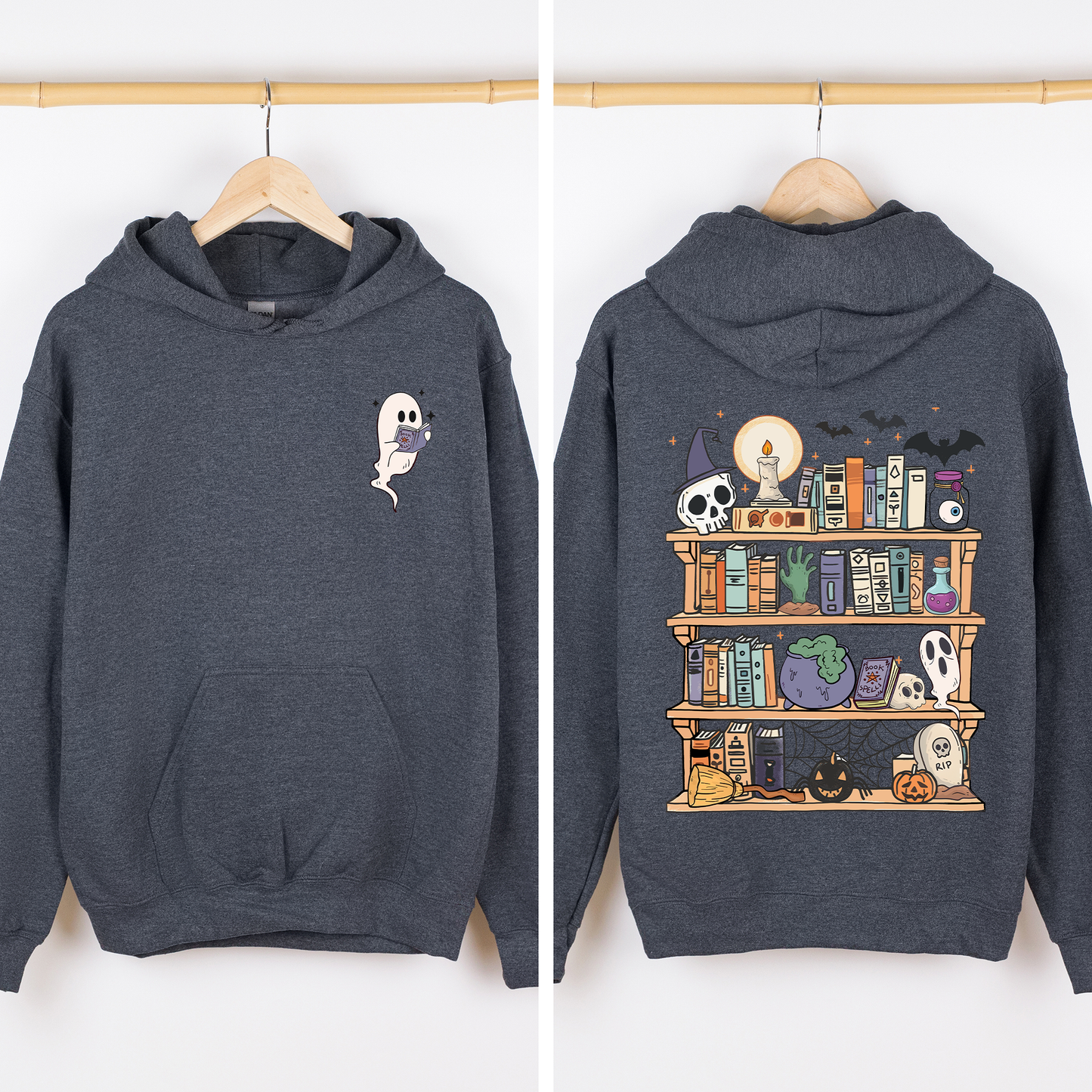 Reading Ghost, Halloween, Library, Spooky, Front and Back, Teacher, Boo, Cute, Graphic Hoodie, Hooded Sweatshirt