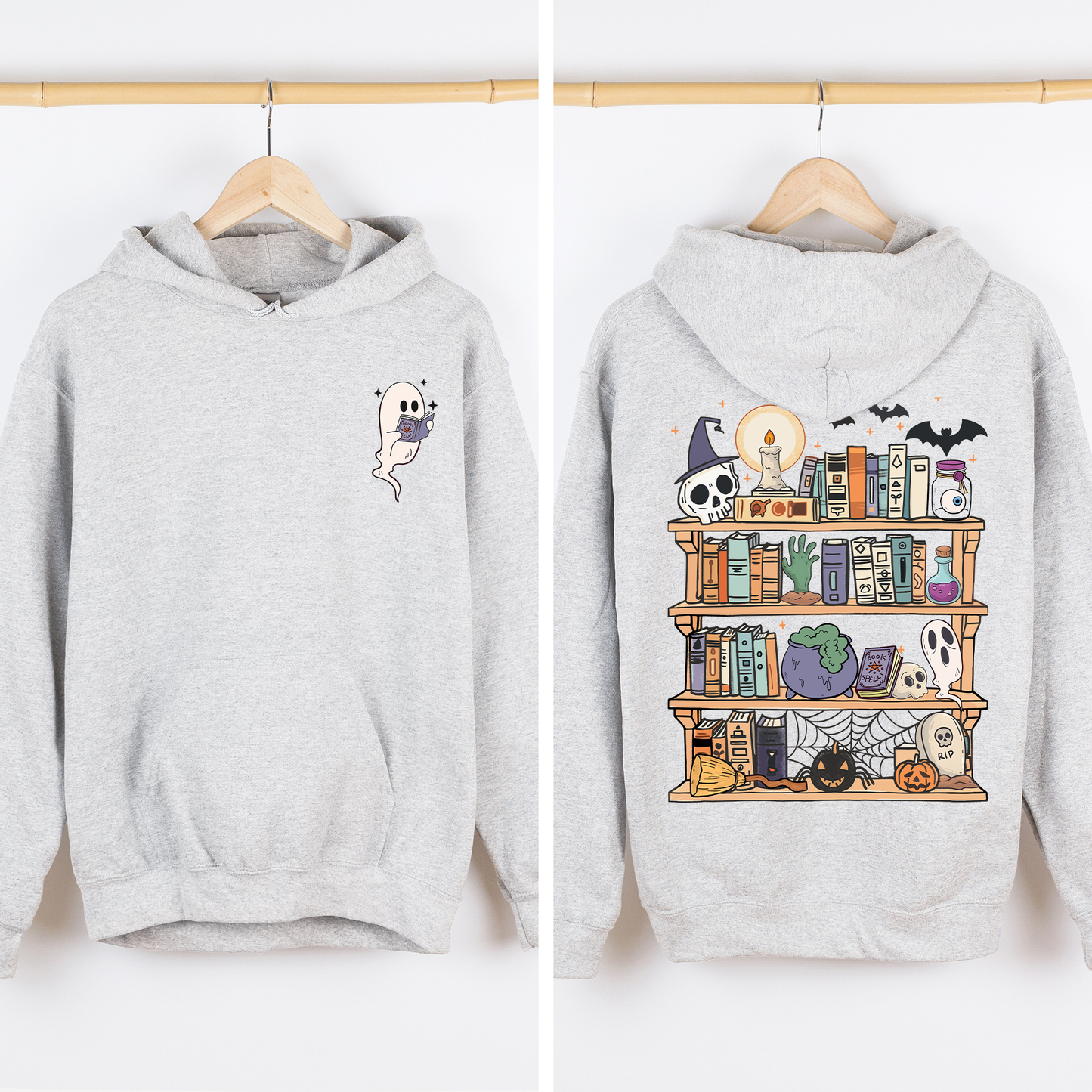 Reading Ghost, Halloween, Library, Spooky, Front and Back, Teacher, Boo, Cute, Graphic Hoodie, Hooded Sweatshirt