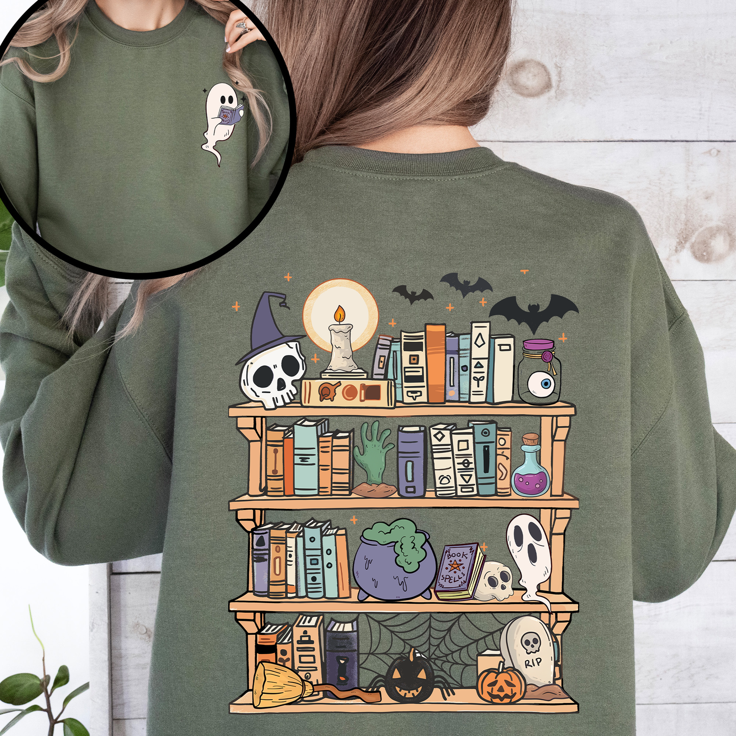 Reading Ghost, Halloween, Library, Spooky, Front and Back, Teacher, Boo, Cute Sweatshirt