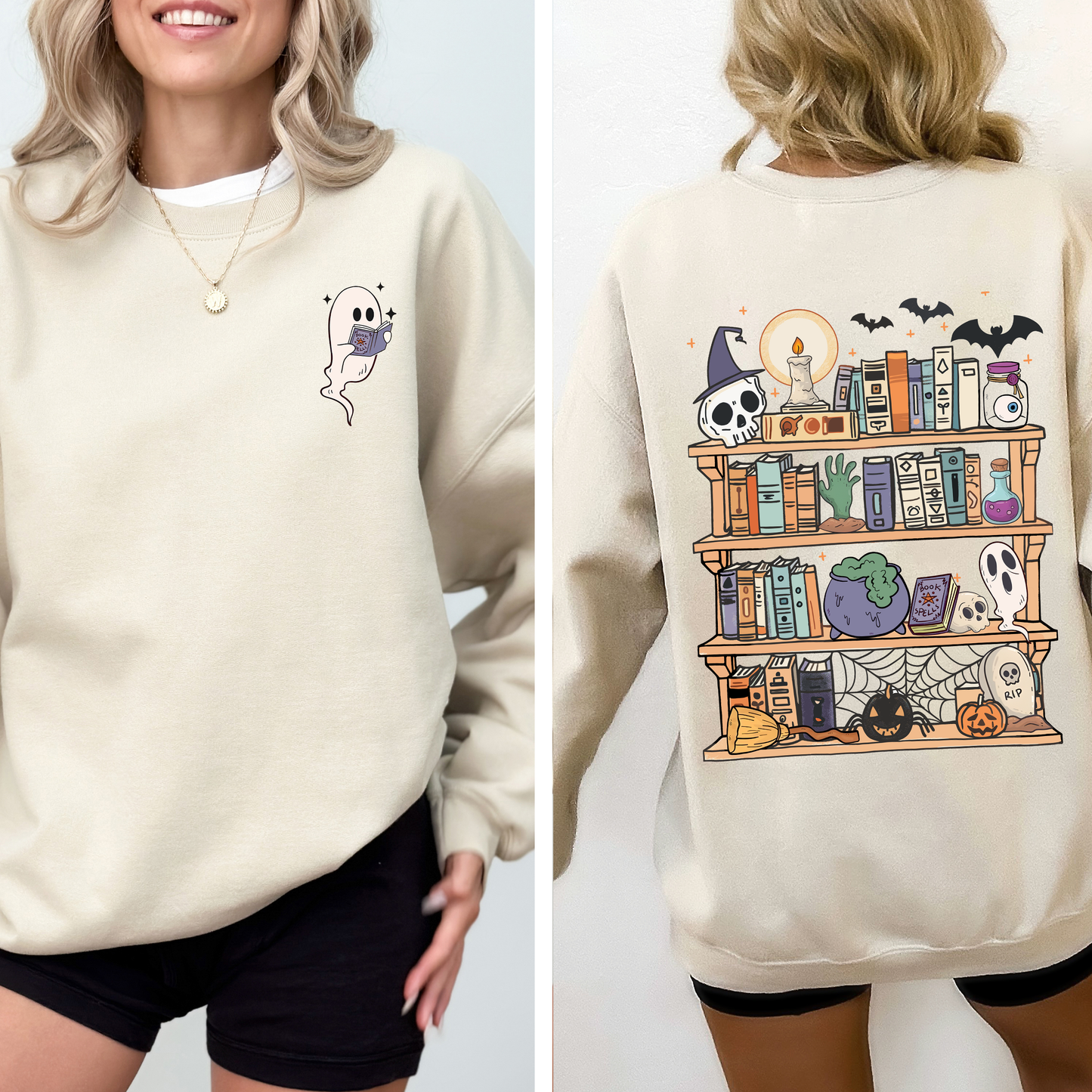 Reading Ghost, Halloween, Library, Spooky, Front and Back, Teacher, Boo, Cute Sweatshirt