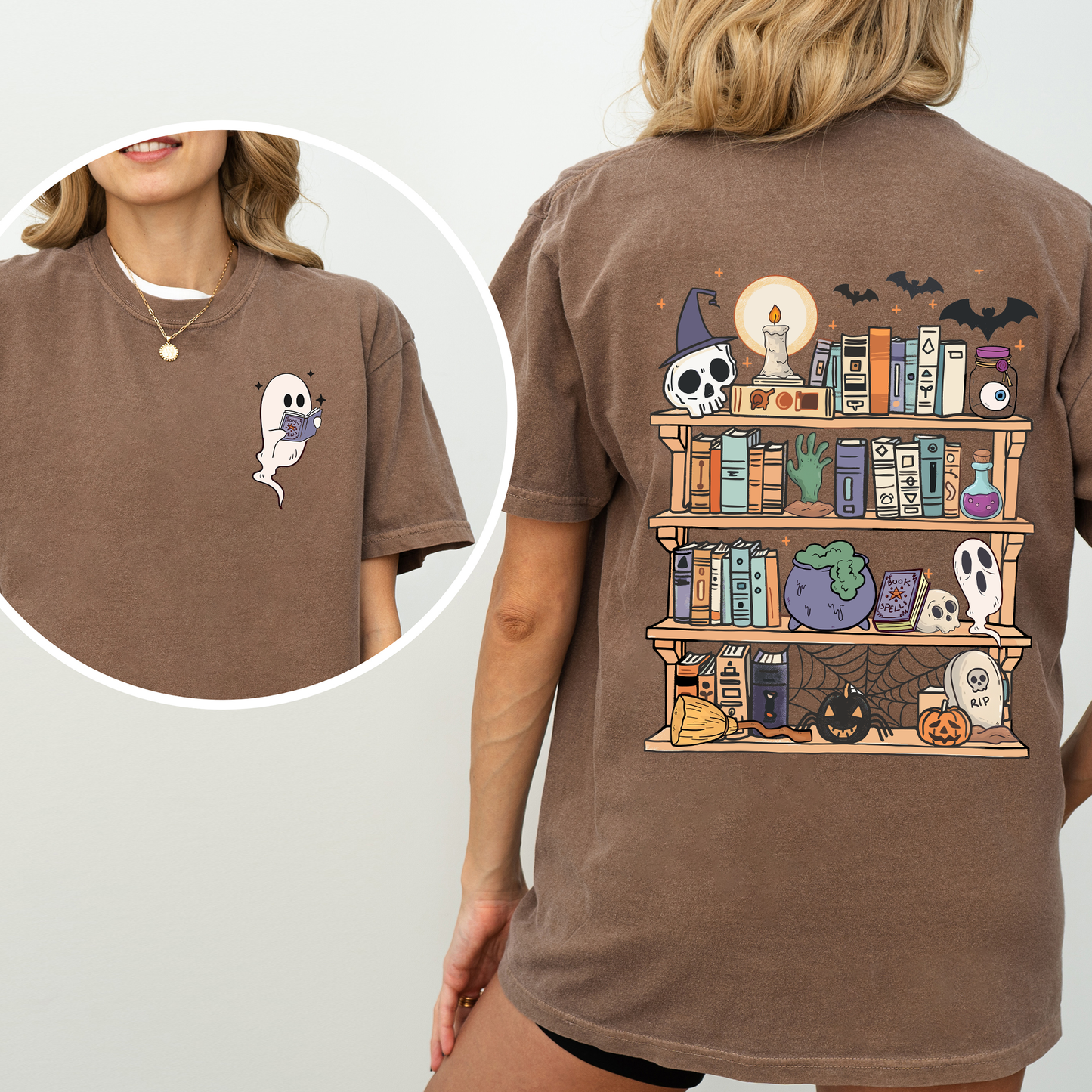 Reading Ghost, Halloween, Library, Spooky, Front and Back, Teacher, Boo, Cute, Comfort Colors T-Shirt