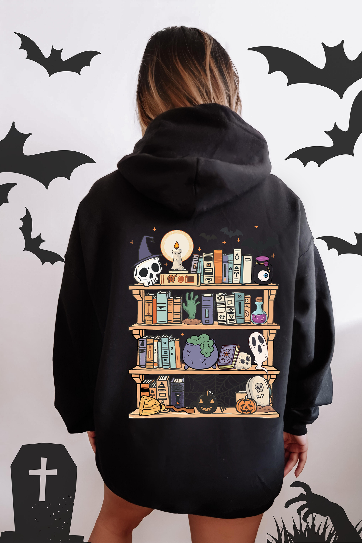 Reading Ghost, Halloween, Library, Spooky, Front and Back, Teacher, Boo, Cute, Graphic Hoodie, Hooded Sweatshirt