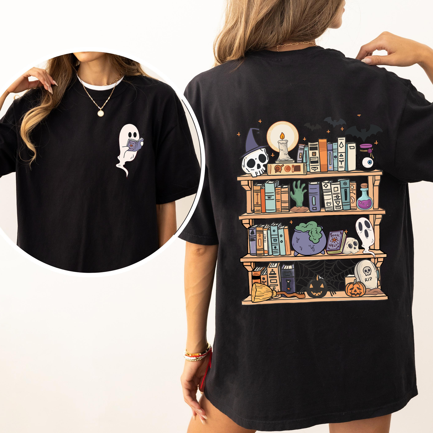 Reading Ghost, Halloween, Library, Spooky, Front and Back, Teacher, Boo, Cute, Comfort Colors T-Shirt