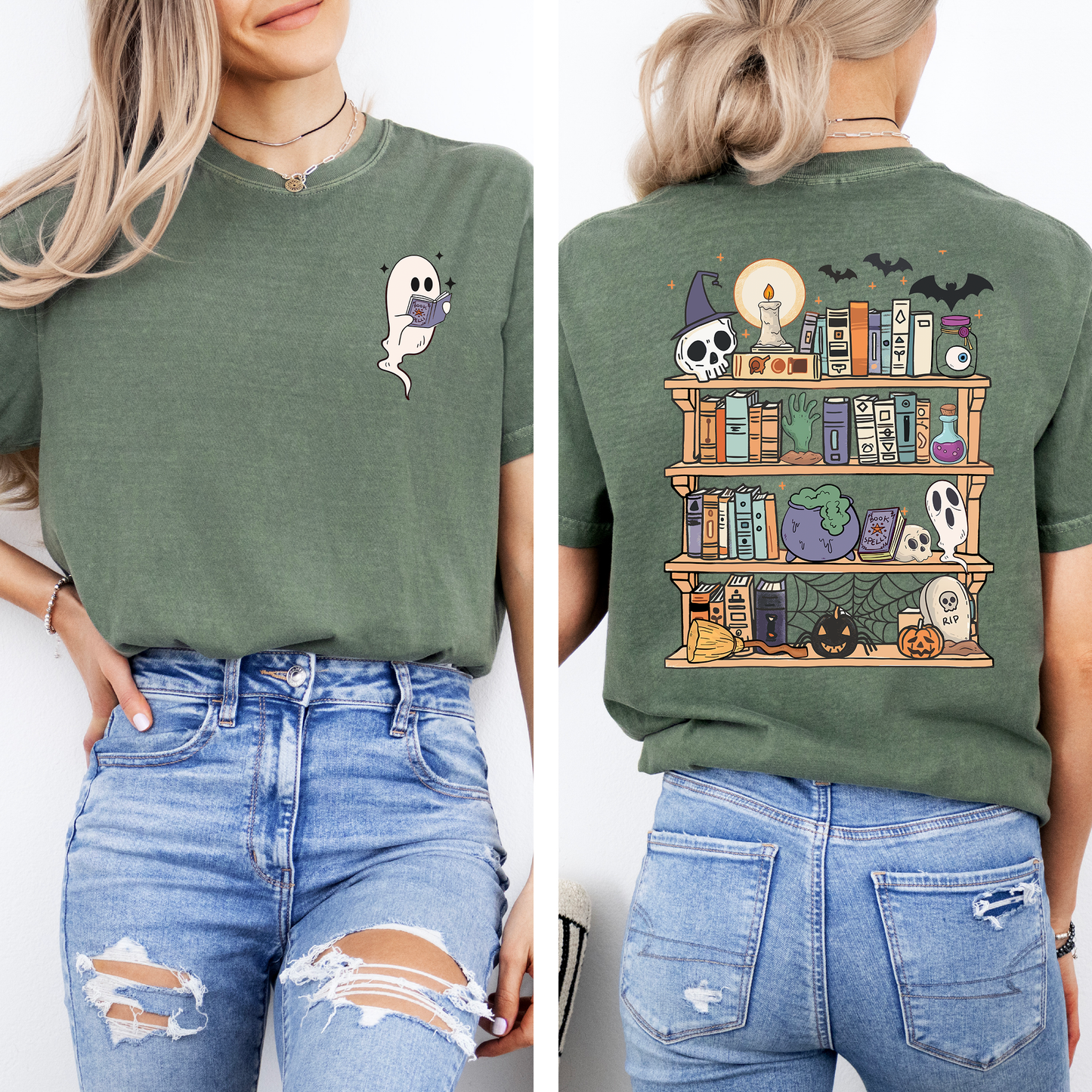 Reading Ghost, Halloween, Library, Spooky, Front and Back, Teacher, Boo, Cute, Comfort Colors T-Shirt