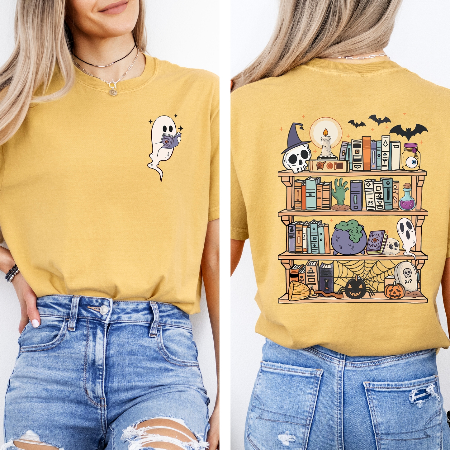 Reading Ghost, Halloween, Library, Spooky, Front and Back, Teacher, Boo, Cute, Comfort Colors T-Shirt