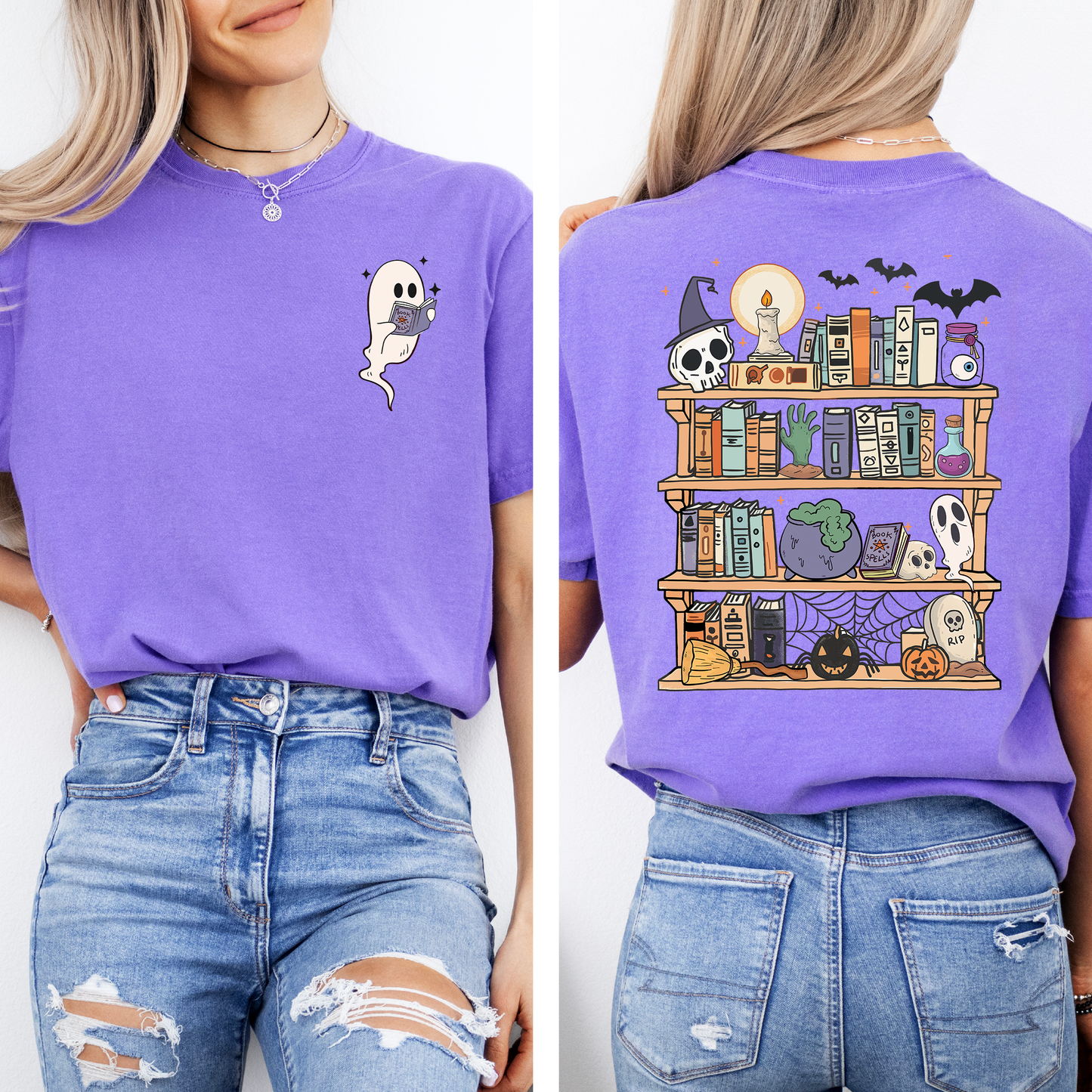 Reading Ghost, Halloween, Library, Spooky, Front and Back, Teacher, Boo, Cute, Comfort Colors T-Shirt