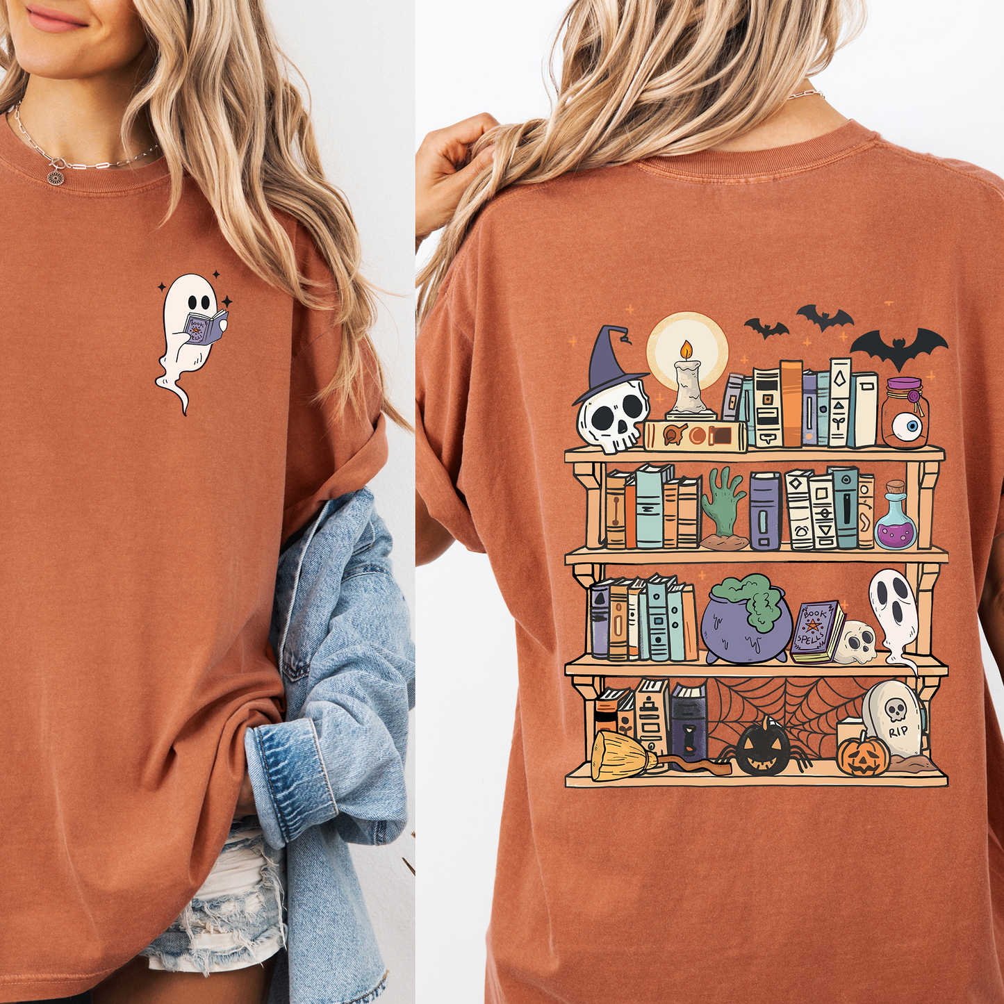 Reading Ghost, Halloween, Library, Spooky, Front and Back, Teacher, Boo, Cute, Comfort Colors T-Shirt