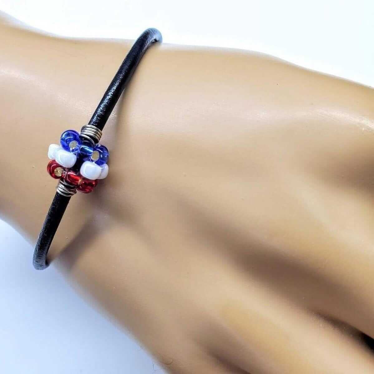 Red White Blue Beaded Bead Leather Bracelet Handmade Sterling Silver