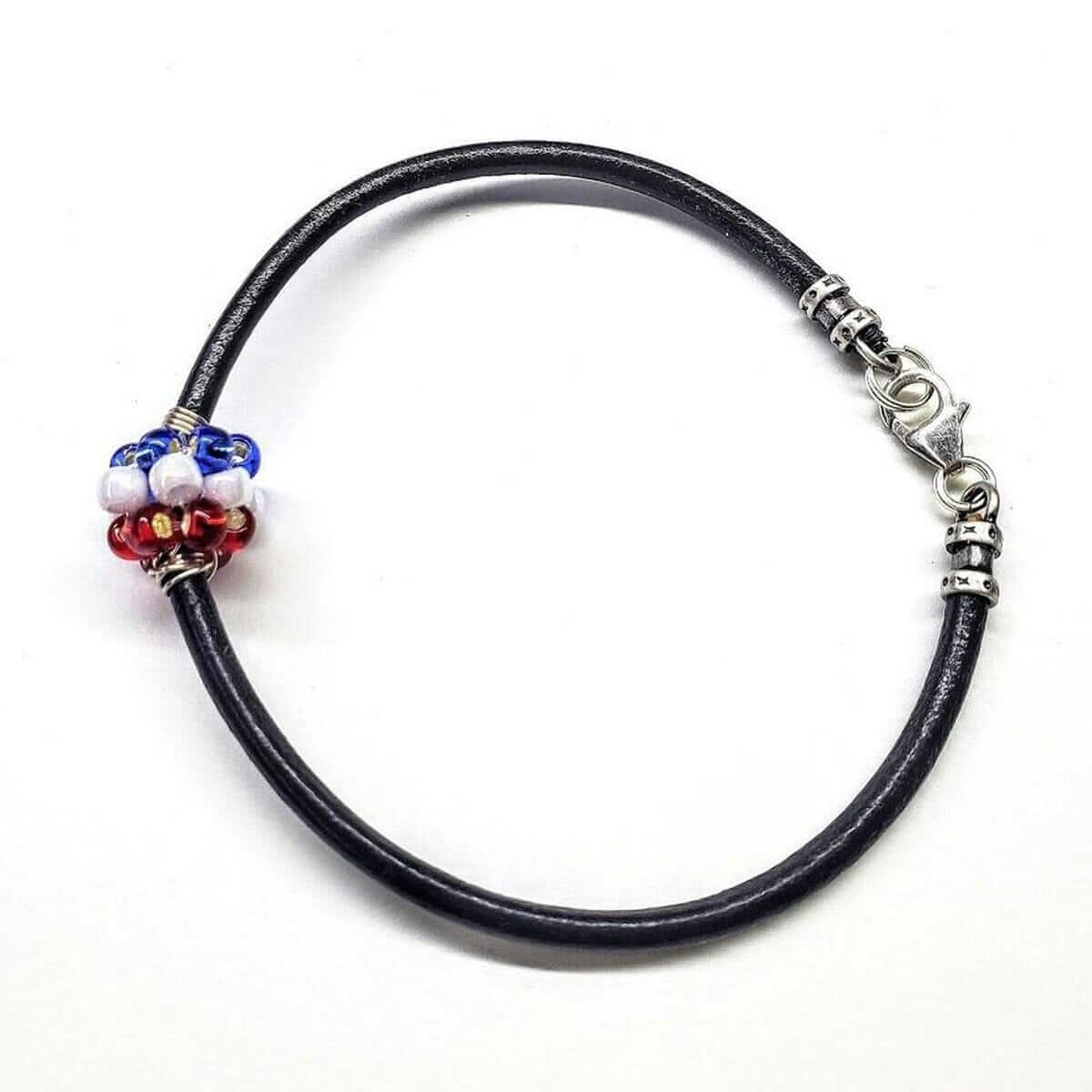 Red White Blue Beaded Bead Leather Bracelet Handmade Sterling Silver