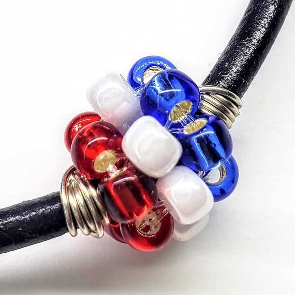 Red White Blue Beaded Bead Leather Bracelet Handmade Sterling Silver