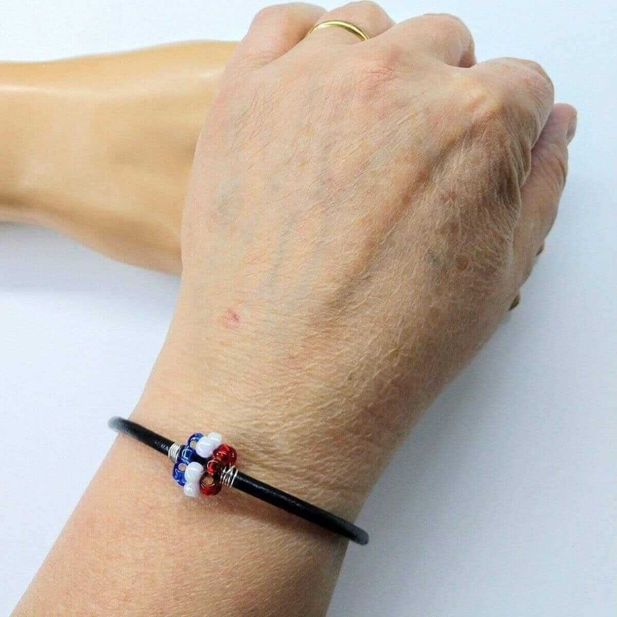 Red White Blue Beaded Bead Leather Bracelet Handmade Sterling Silver