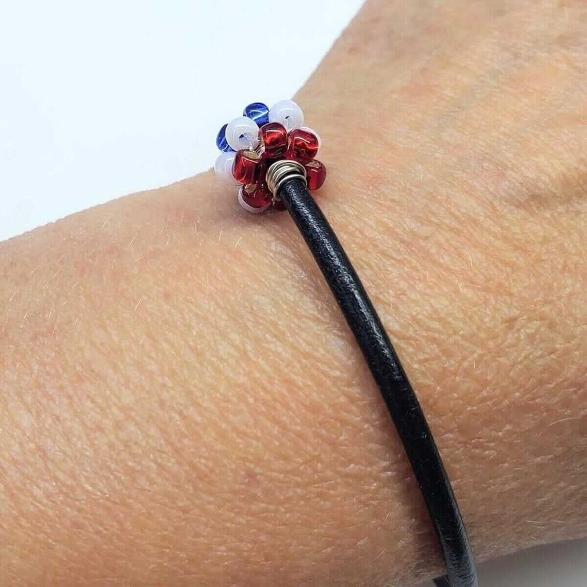 Red White Blue Beaded Bead Leather Bracelet Handmade Sterling Silver