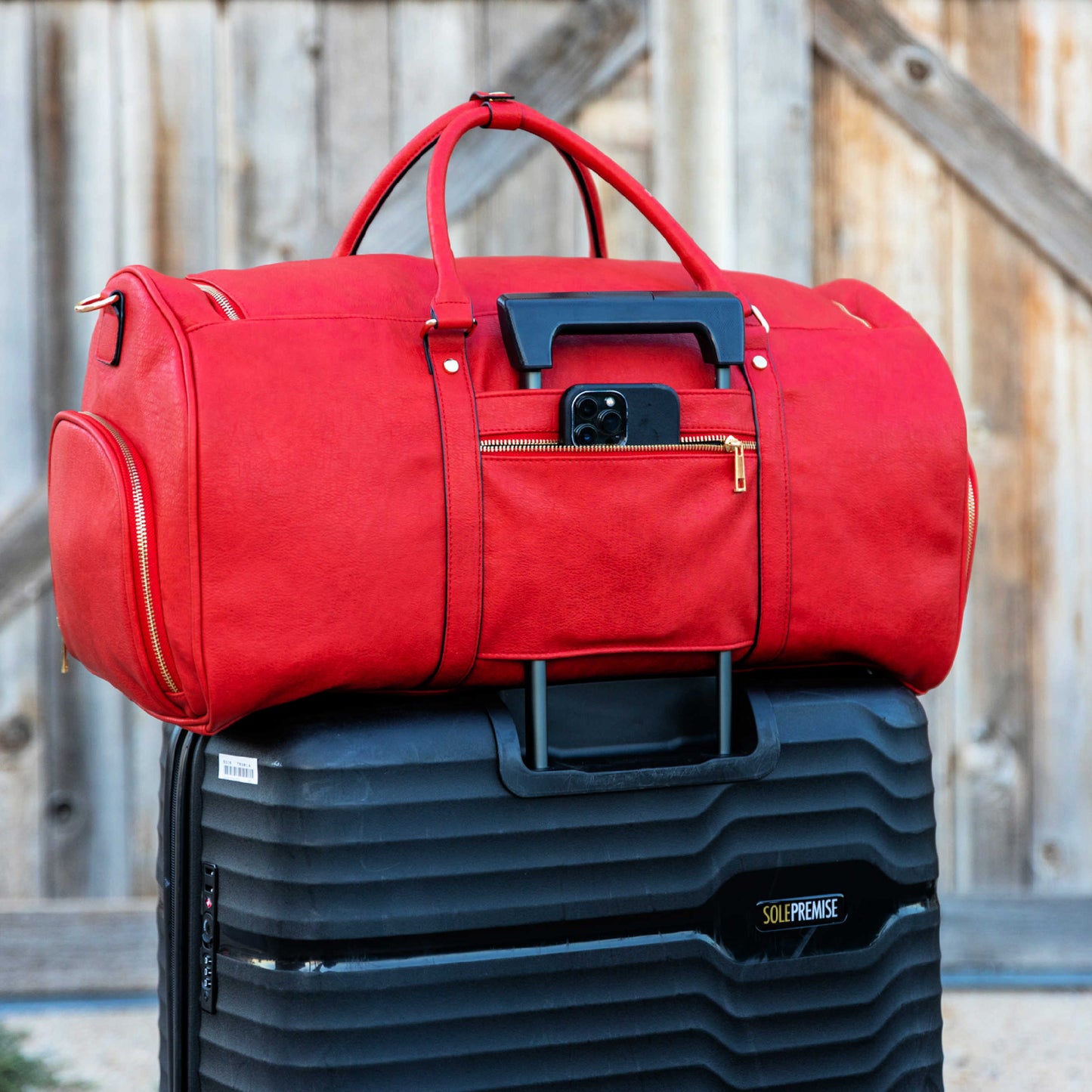 Red Tumbled Leather Weekender Duffle Bag Sole Premise
