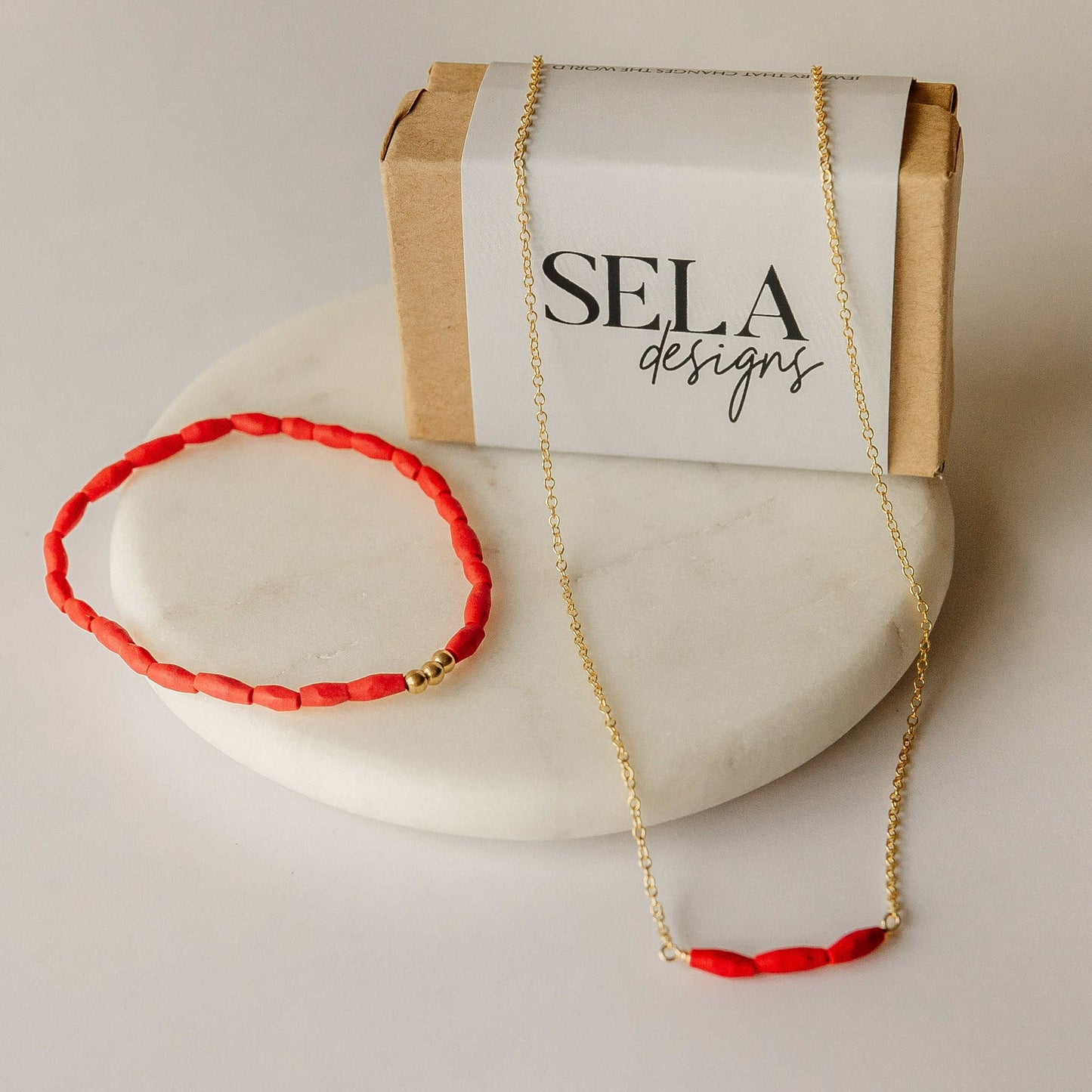 Red Coral Afghan Stone Rice Beaded Necklace Sela Designs