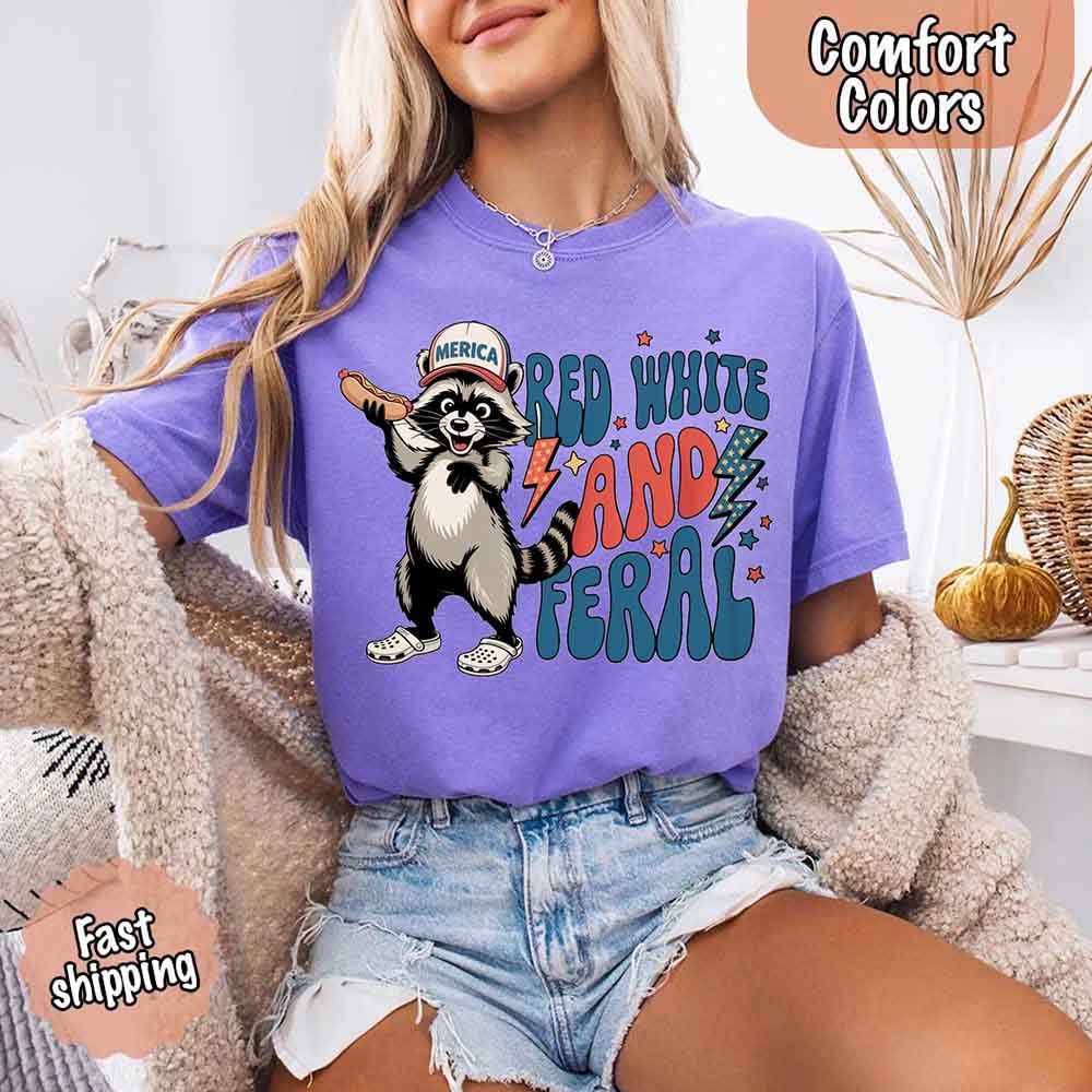 Red White & Feral Comfort Colors Tee – Funny Raccoon 4th of July Shirt