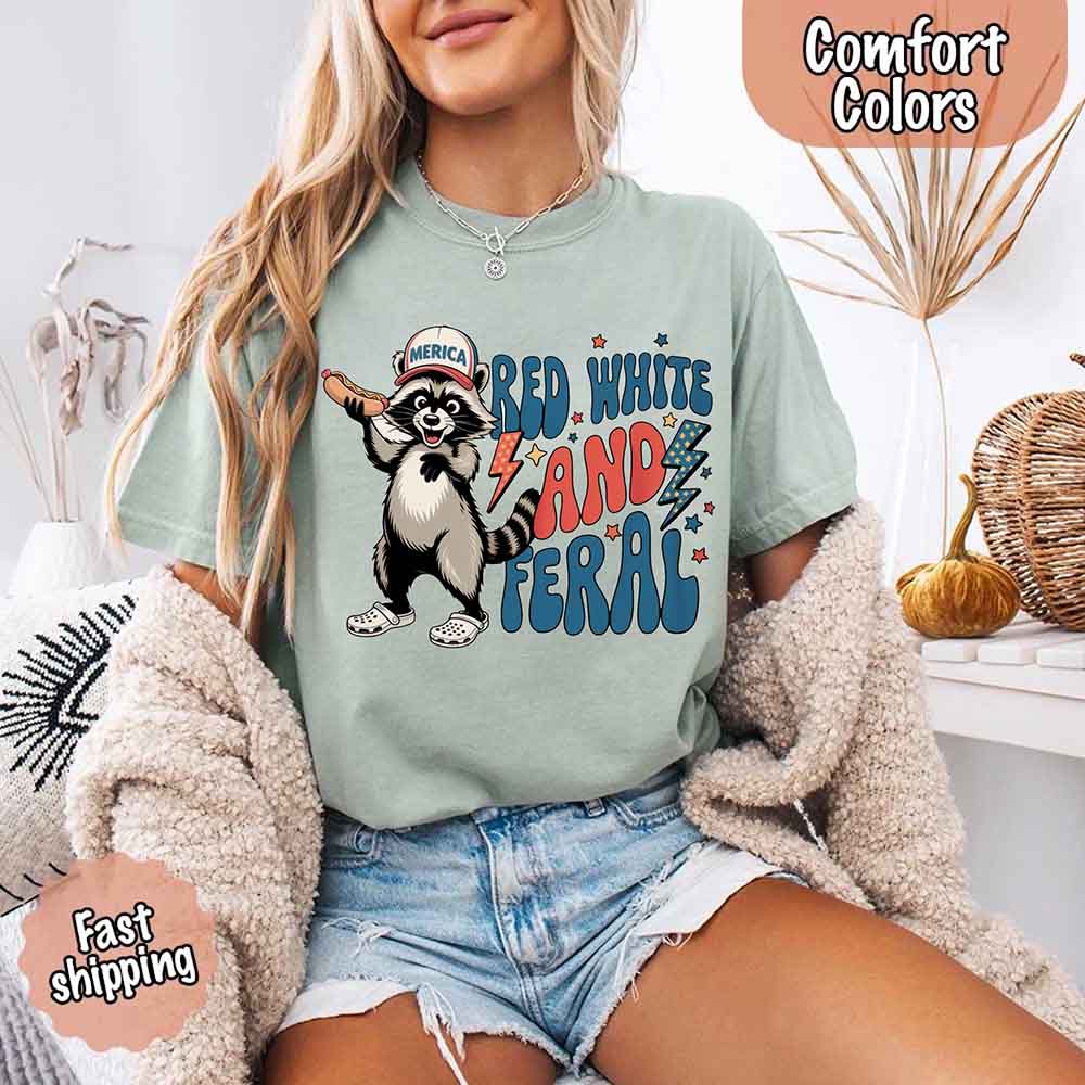 Red White & Feral Comfort Colors Tee – Funny Raccoon 4th of July Shirt